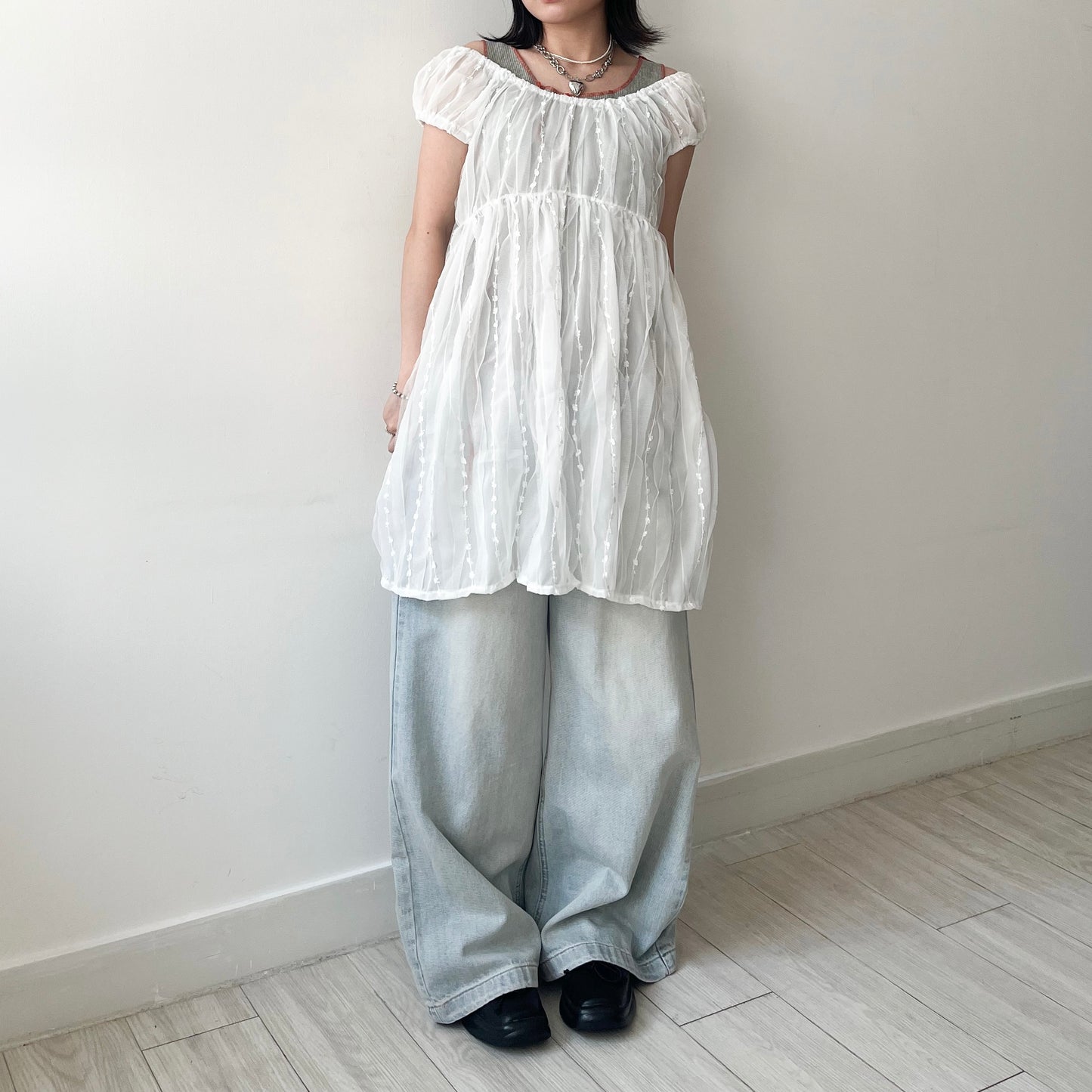 OP71- Embroidery U Neck Dress | White | Black