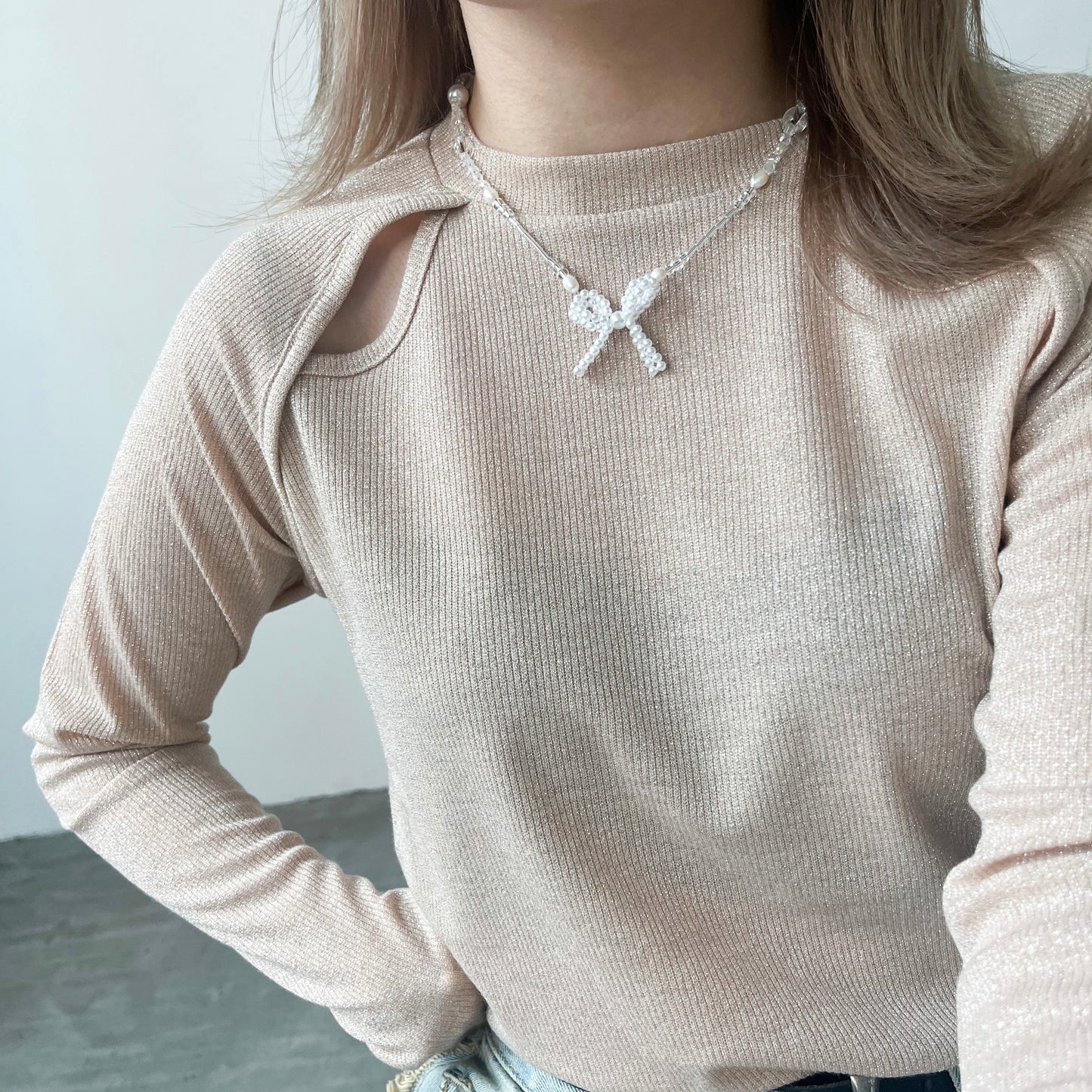 AC83- Mix Beads Ribbon Necklace