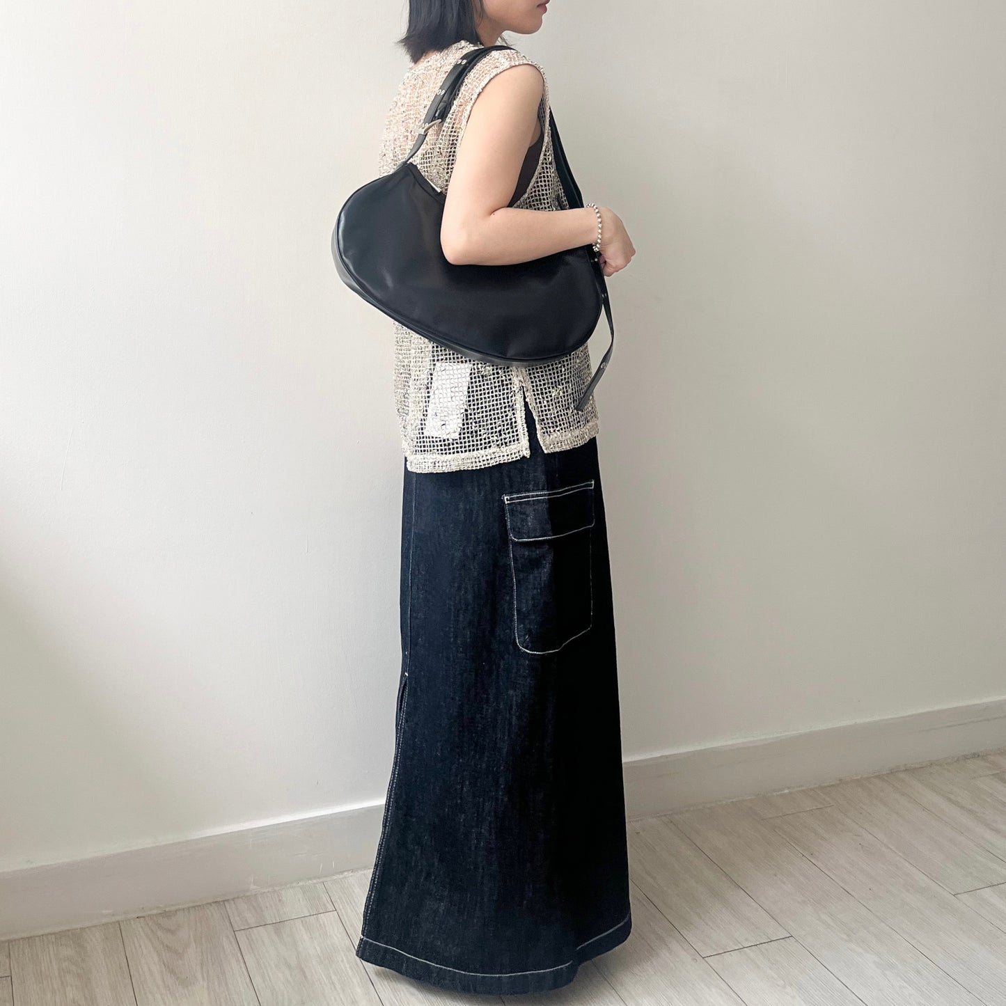 BG41- 2Way Shoulder Bag ( Vegan Leather ) | Ivory | Black