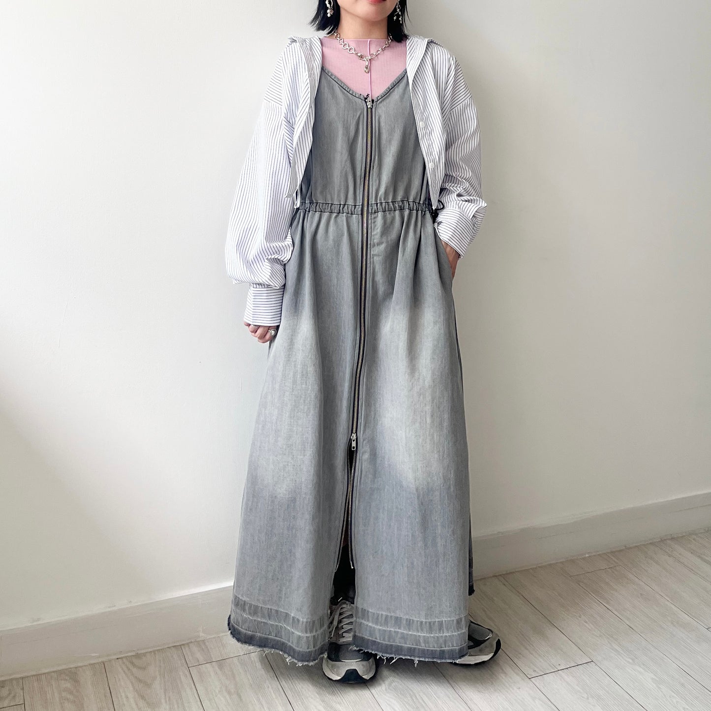OP64- Zipper Denim Dress | Blue| Grey