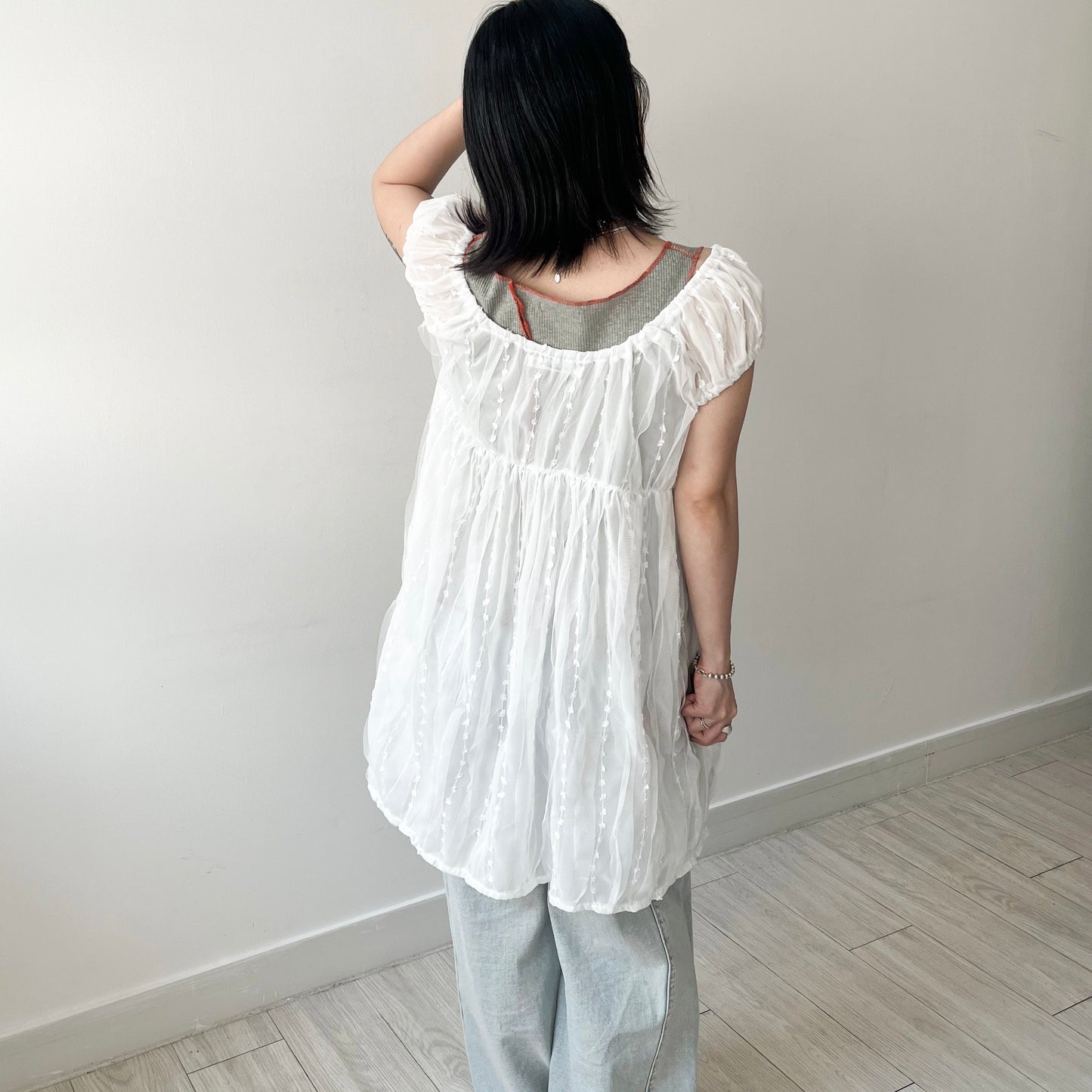 OP71- Embroidery U Neck Dress | White | Black
