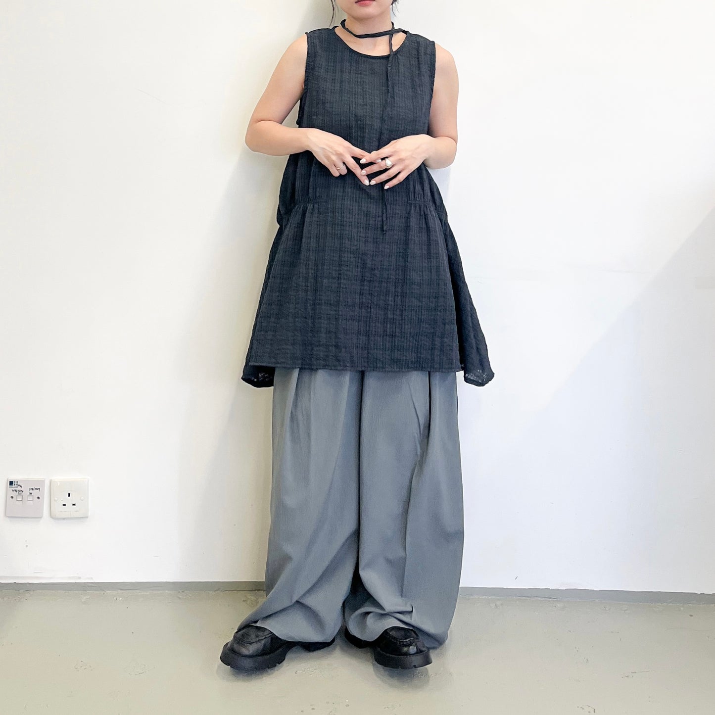 TP660- Back Ribbon Checked Vest Top | Grey | Navy