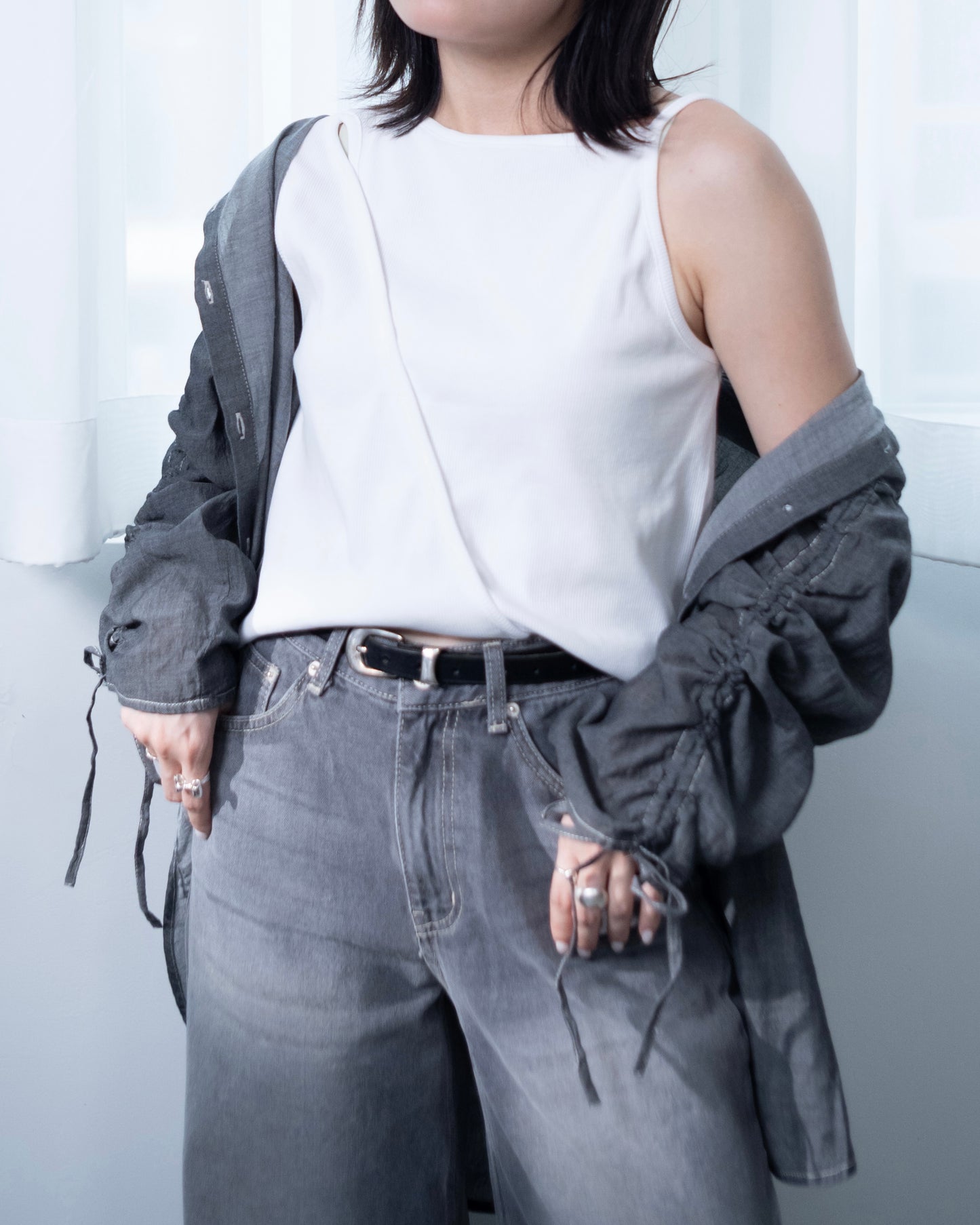 TP667- Soft Denim Drawsting Shirt | Light Blue | Blue | Black