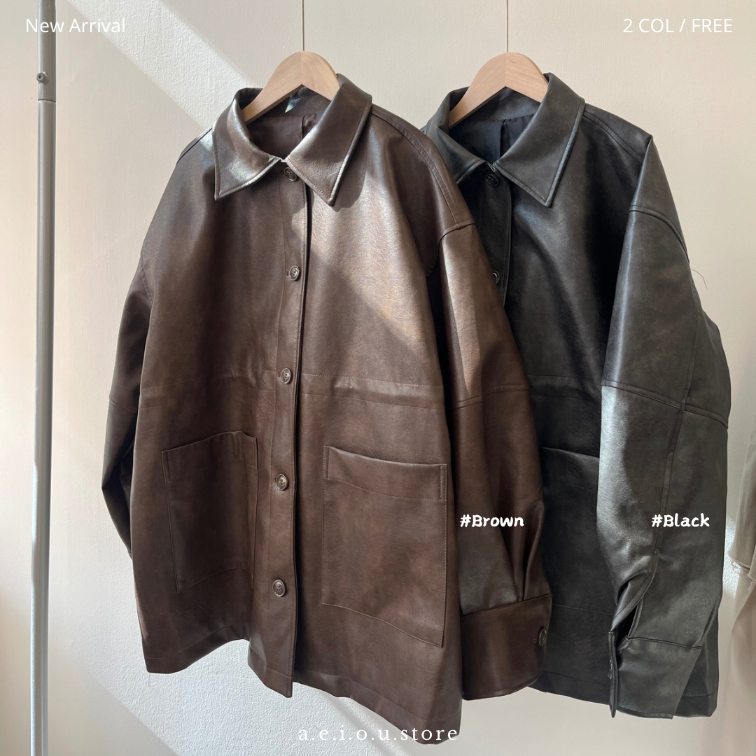 JK38- Faux Leather Coverall Jacket | Brown | Charcoal
