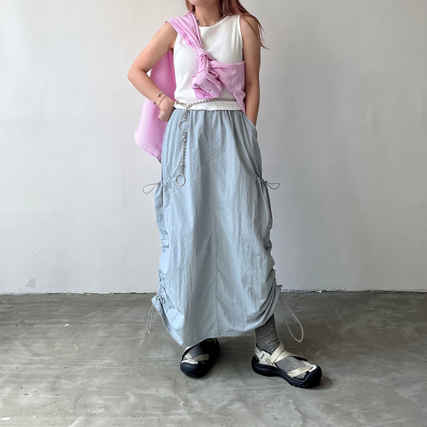 SK32- Two Drawstring Pocket Skirt | White | Blue | Black