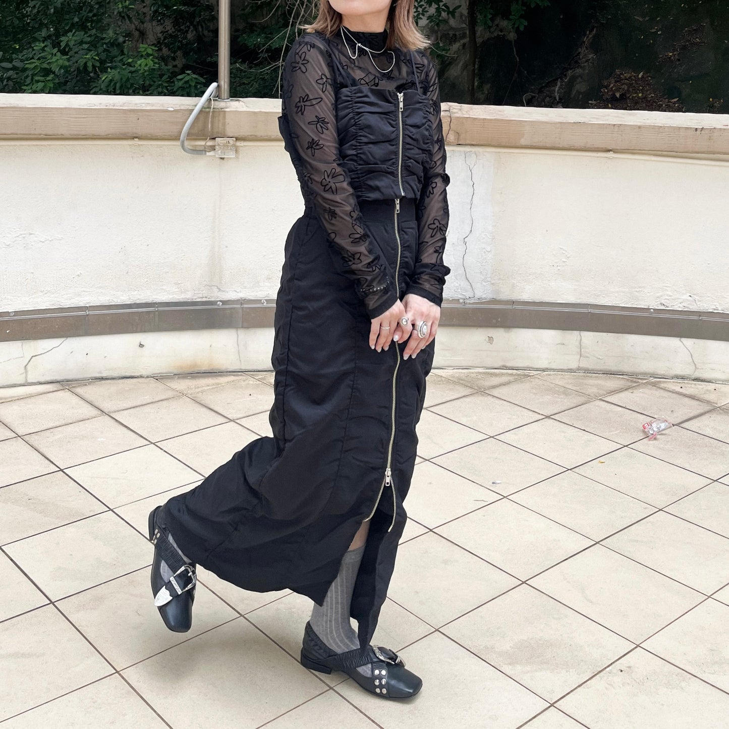 SK87- Shirring Zip line Skirt | Grey | Black