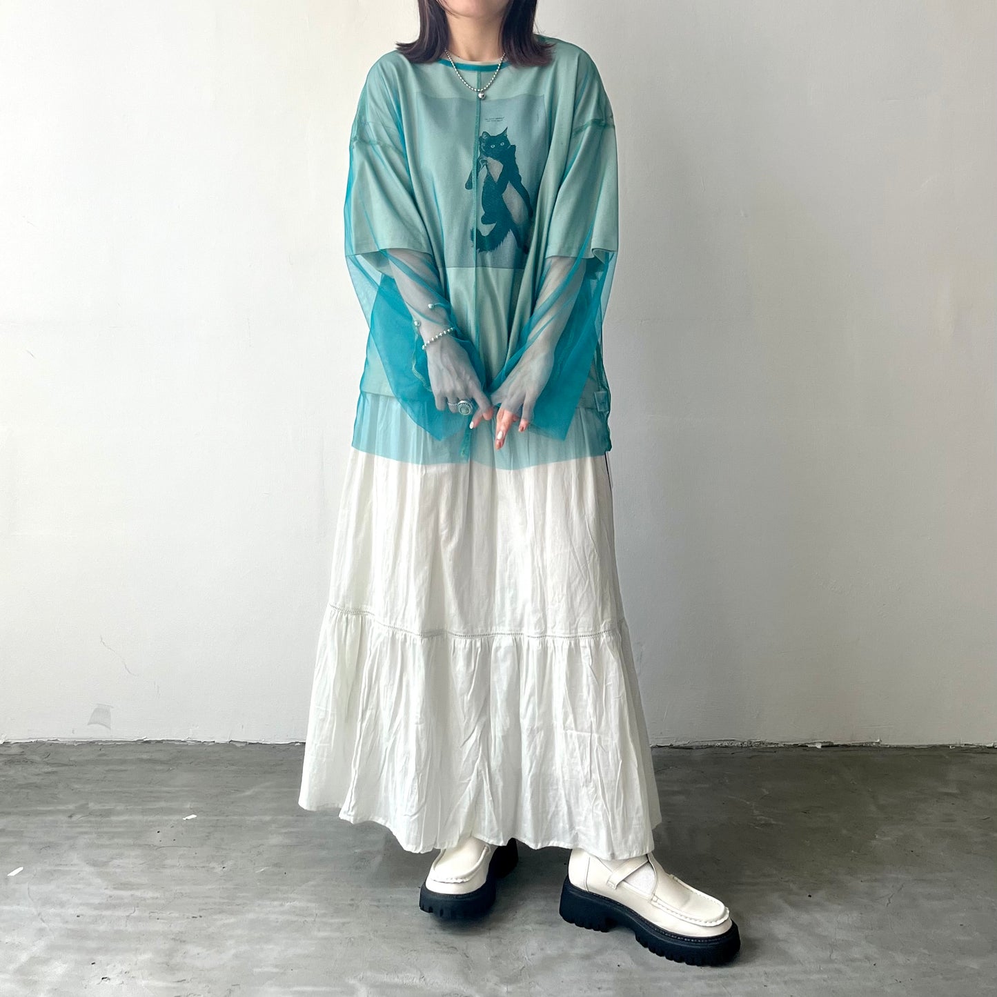 TP172- See through Long Tee | Ivory | Blue Green | Black