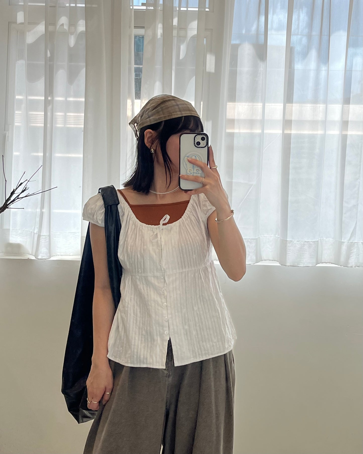 AC267- 方格網紗三角巾/頭巾 | Navy | Brown