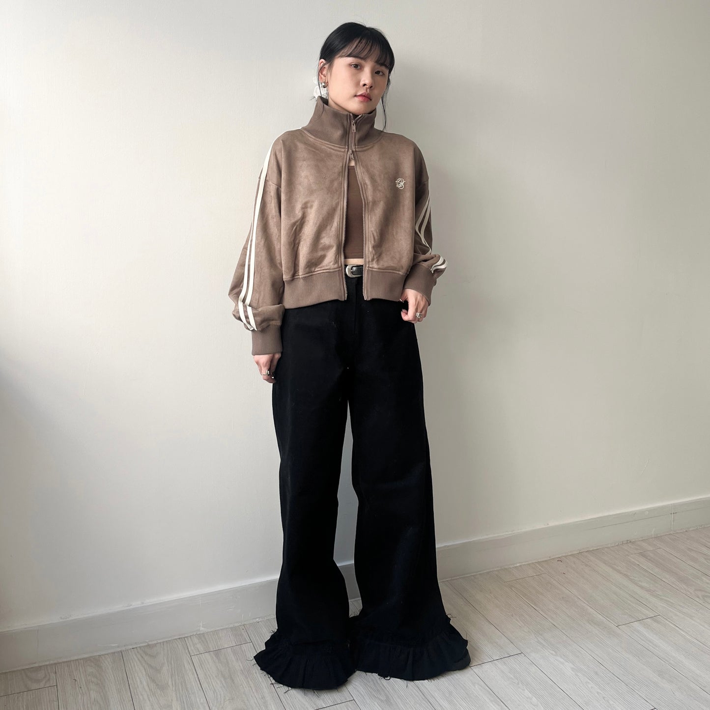 JK33- Cropped Track Jacket | Ivory | Brown | Charcoal