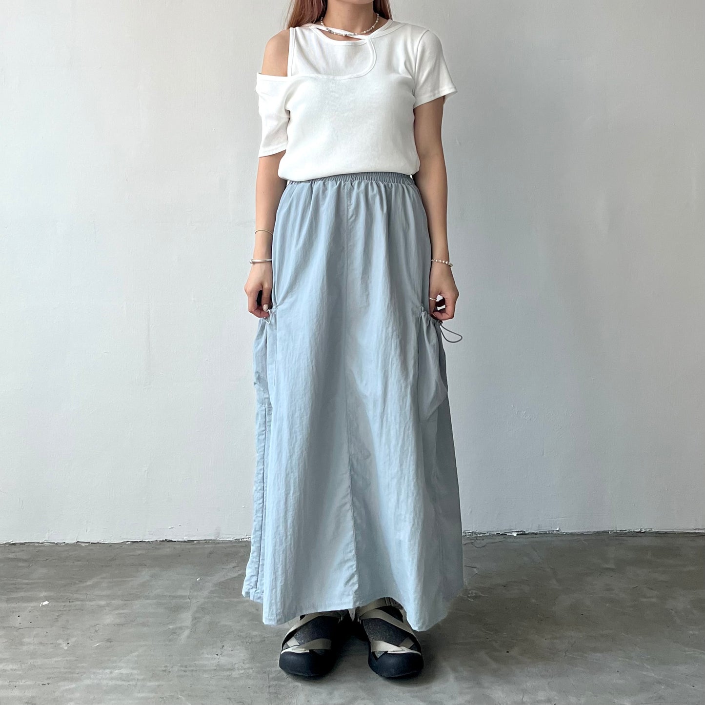 SK32- Two Drawstring Pocket Skirt | White | Blue | Black