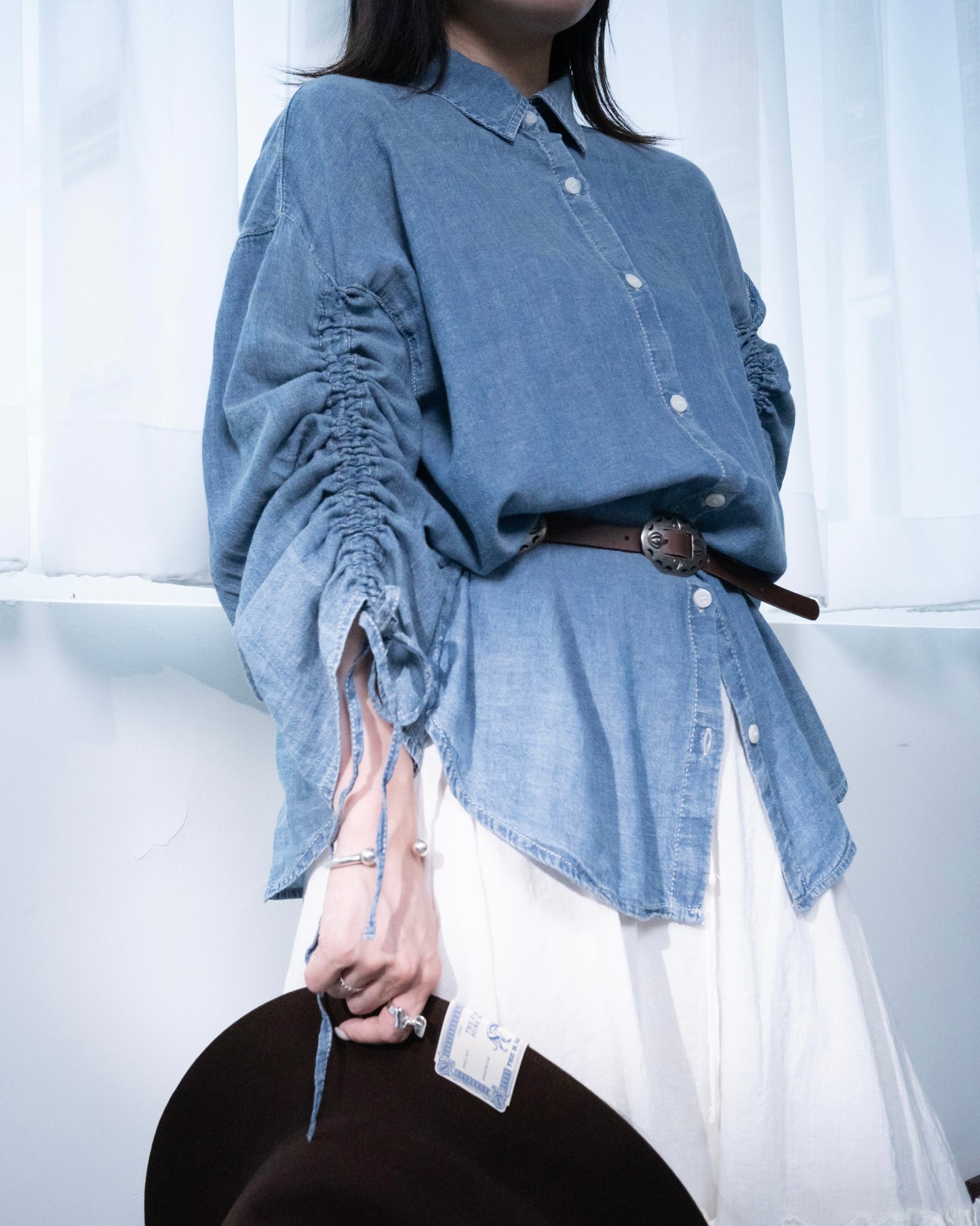 TP667- Soft Denim Drawsting Shirt | Light Blue | Blue | Black