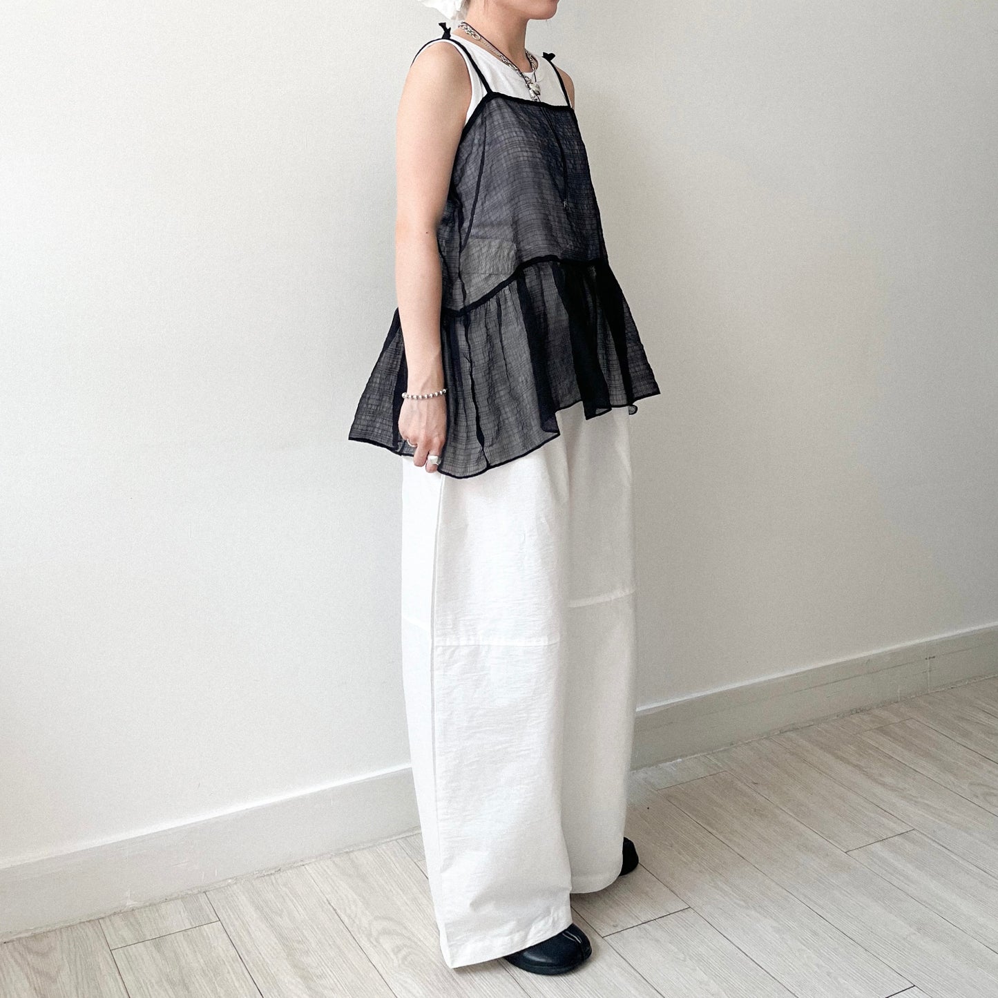 TP641- See-though Checked Vest | White | Blue | Black
