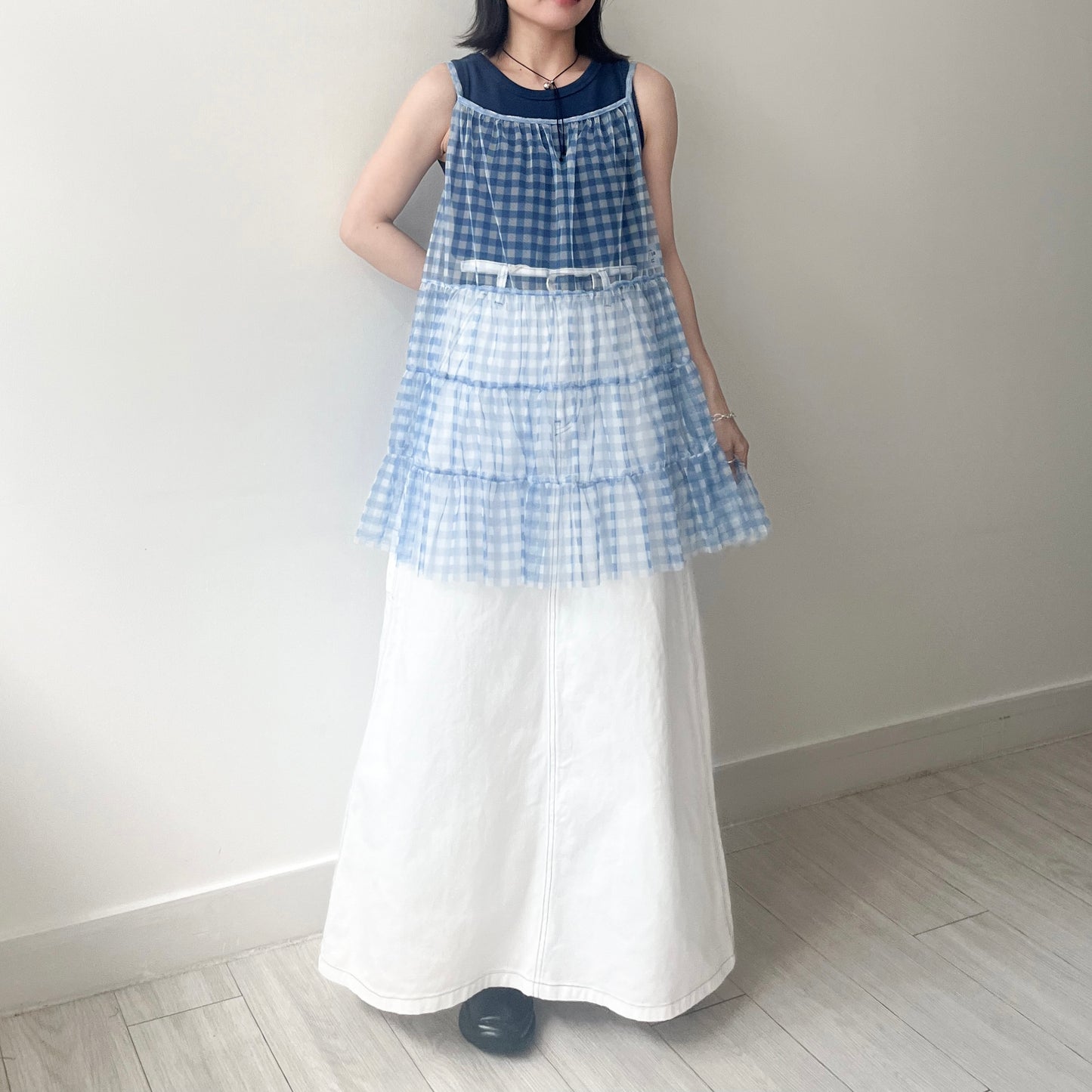 TP496- See-through Checked Top | Blue| Grey
