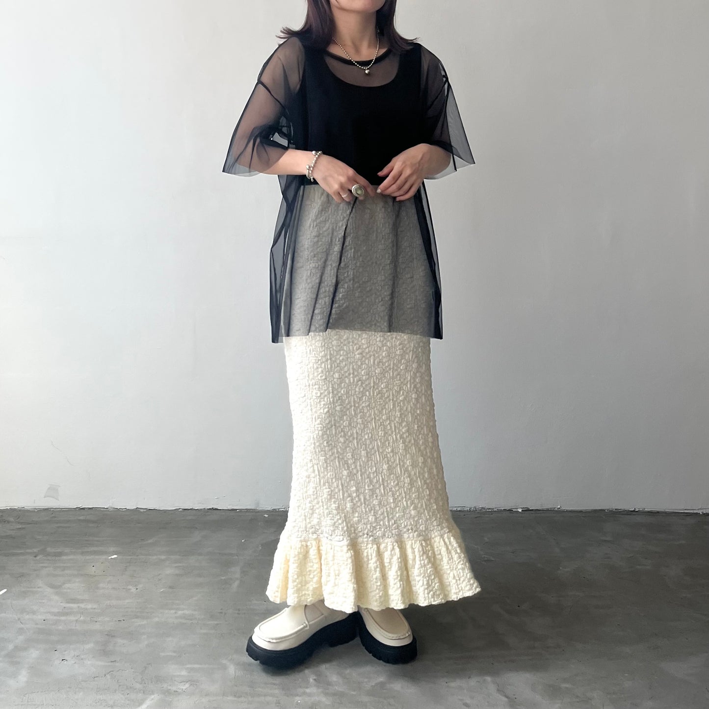 SK35- Flower Print Skirt | Ivory | Black