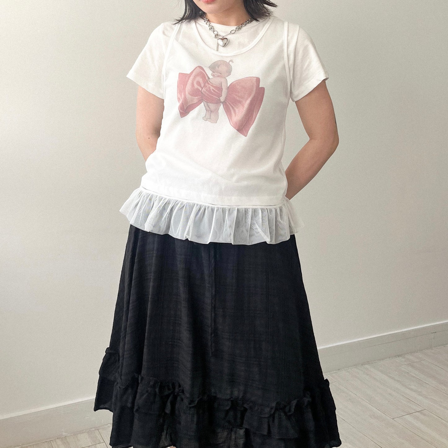 TP639- Baby Ribbon Top | White | Charcoal