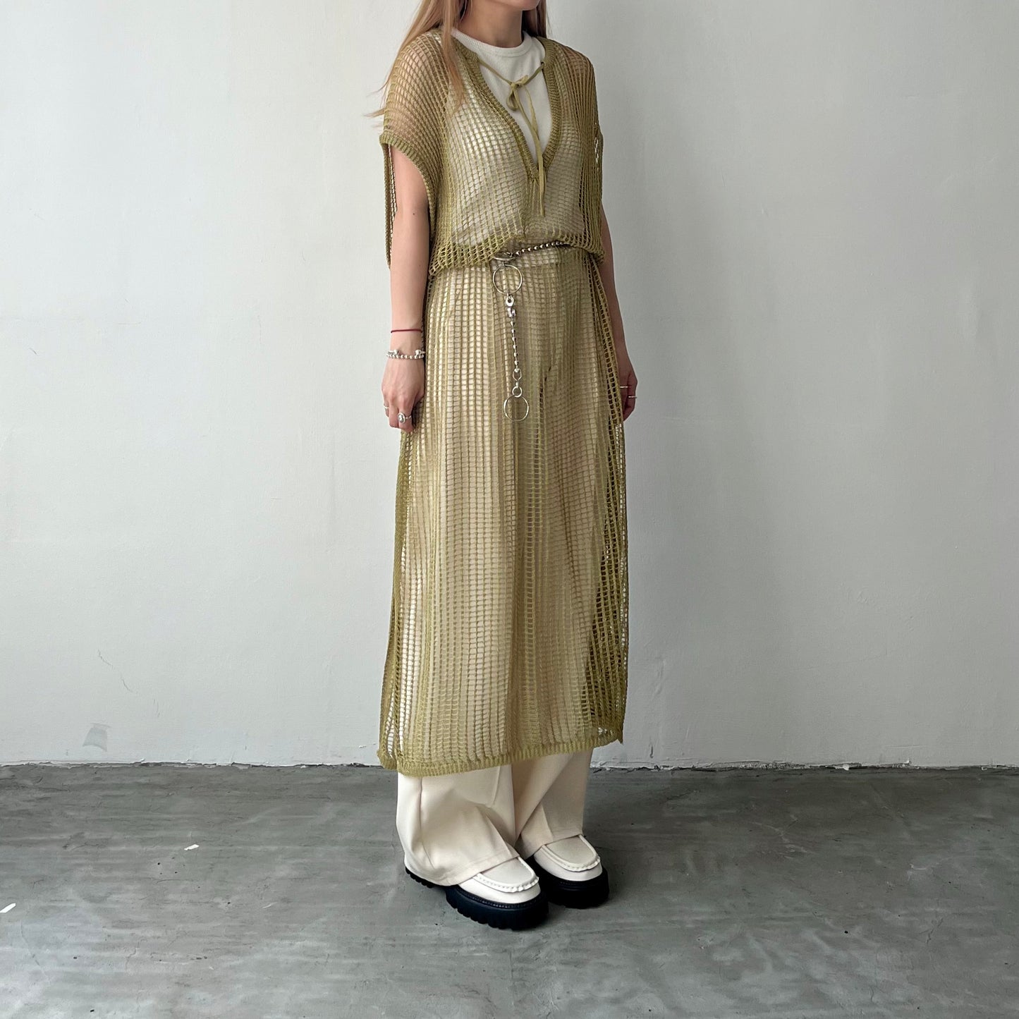 OP40- Long Knit One Piece | Ivory | Green