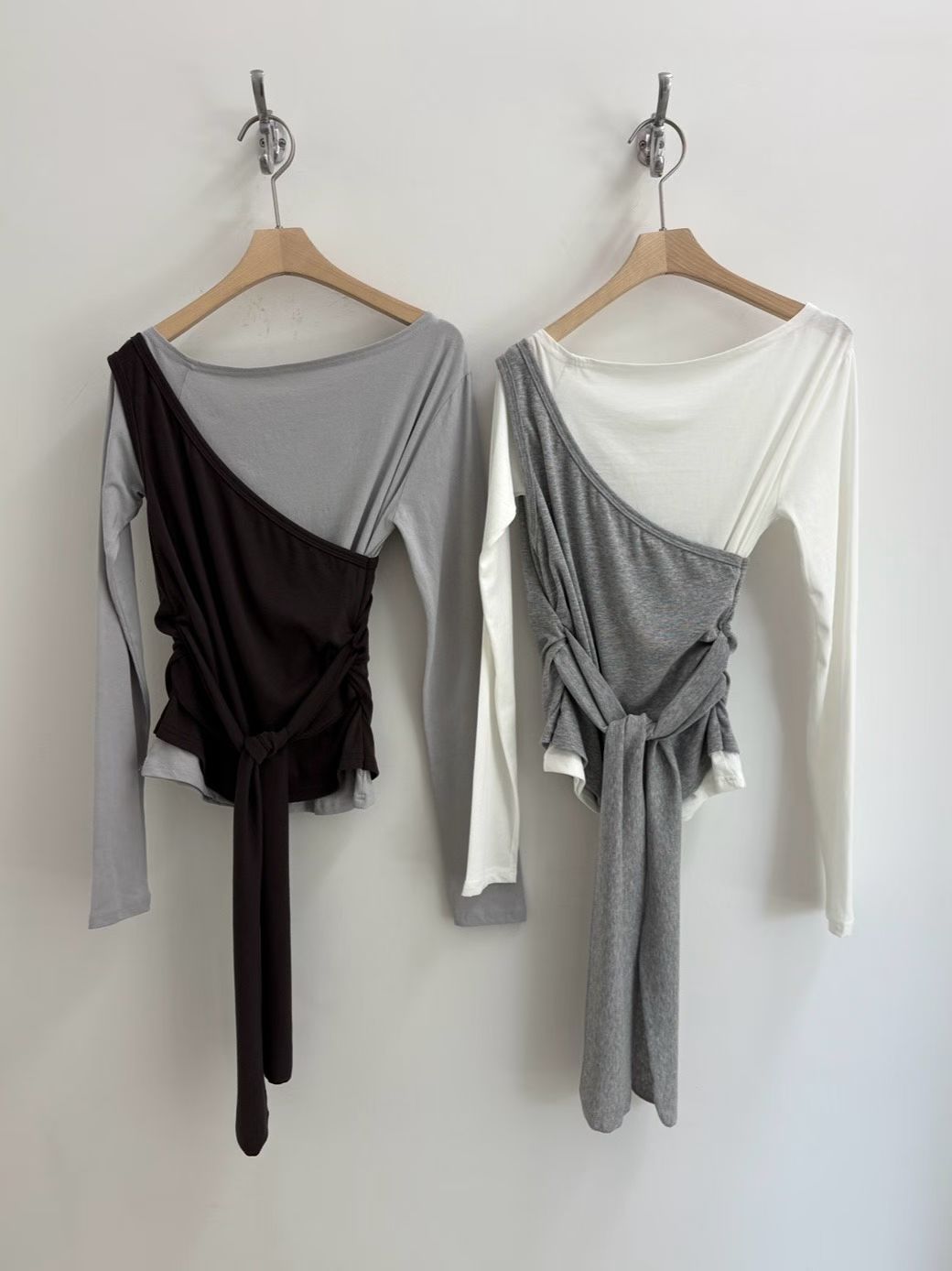 TP697- 斜肩背心綁帶Top Set | Brown x Blue | White x Grey ( 2件連住 )