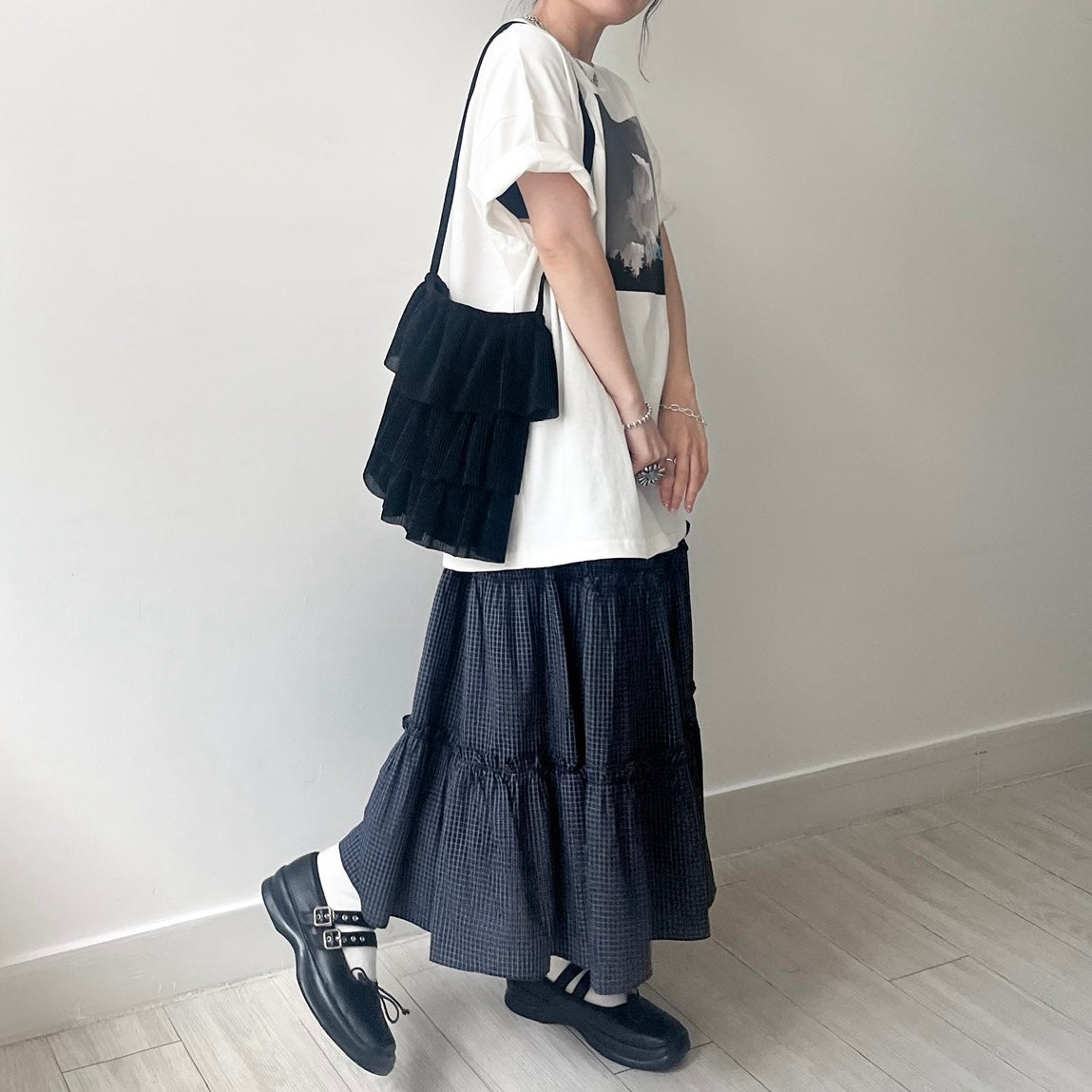 SK115- Checked Ruffle Skirt | Blue | Navy