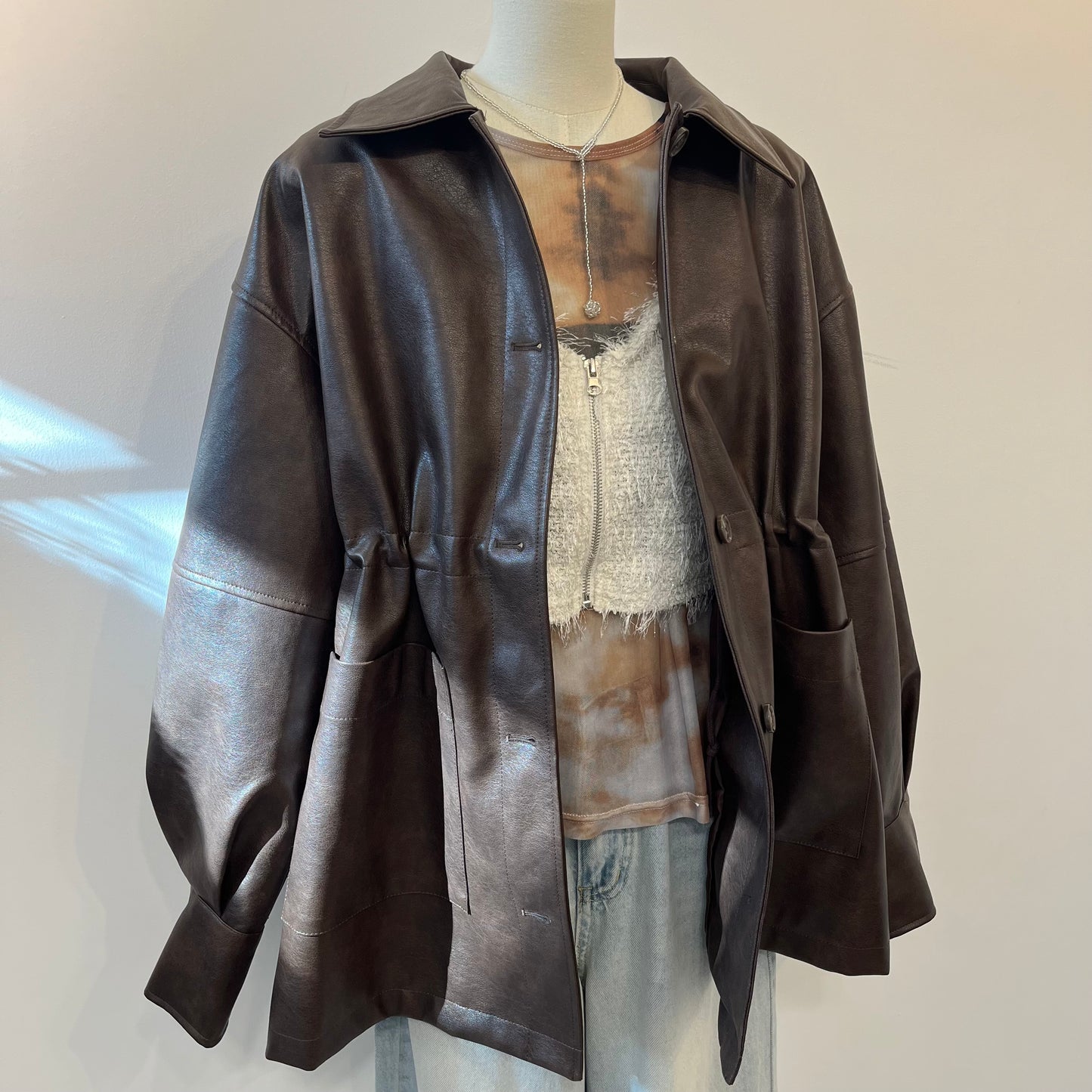 JK38- Faux Leather Coverall Jacket | Brown | Charcoal