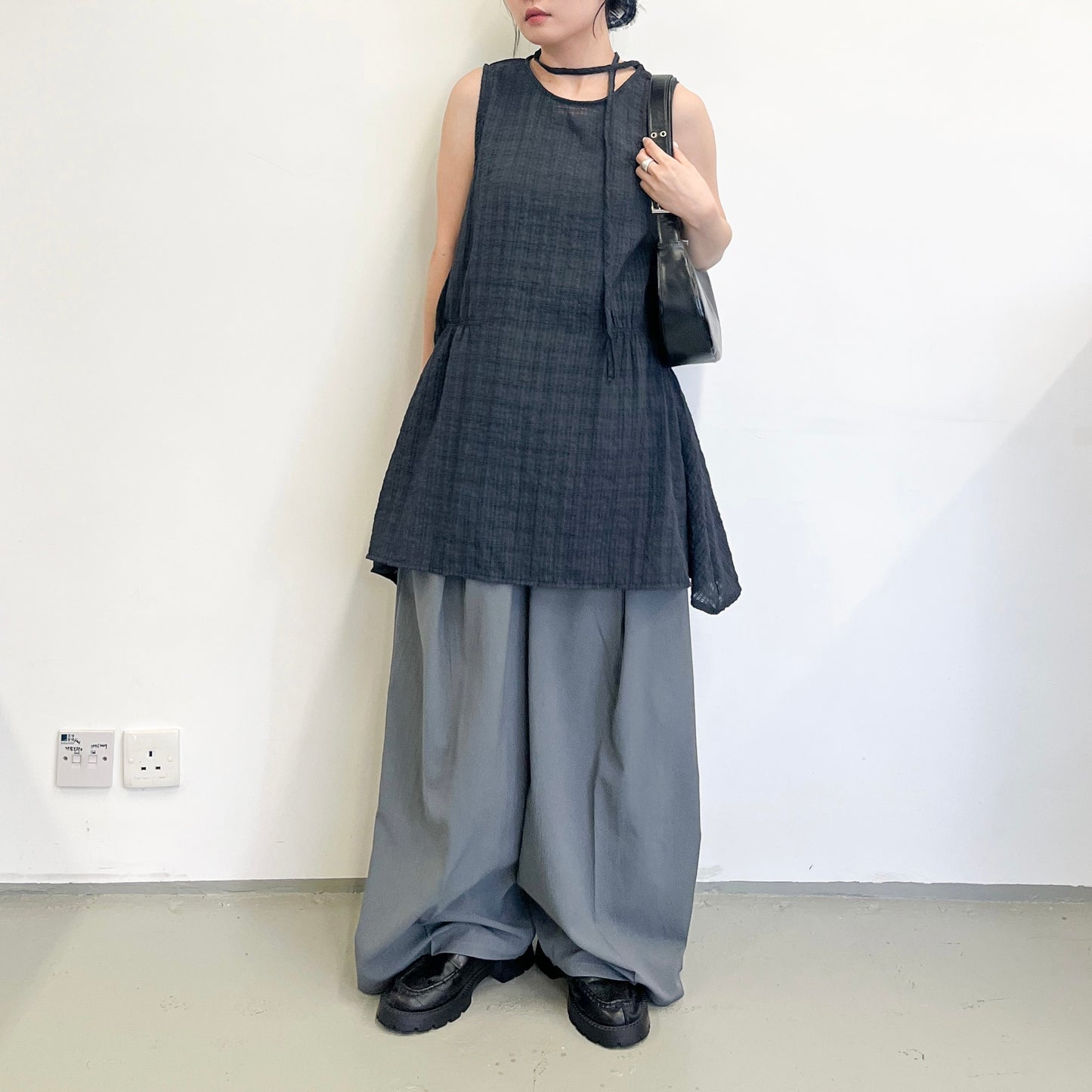 PT97- Long Pleated Wide Pants | Grey