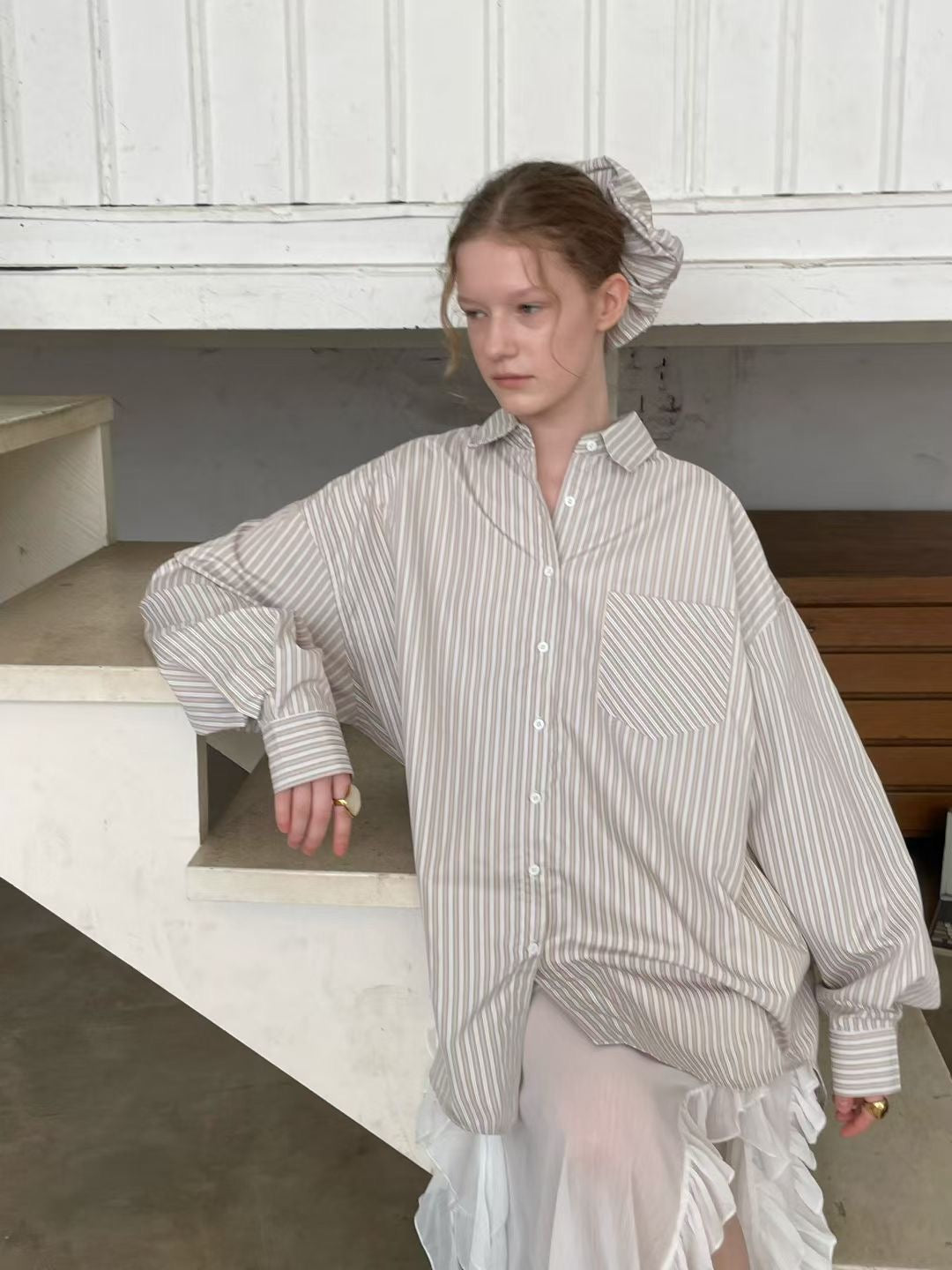 TP658 - 橡筋圈x 恤衫Set | Stripe Beige | Stripe Blue | Blue