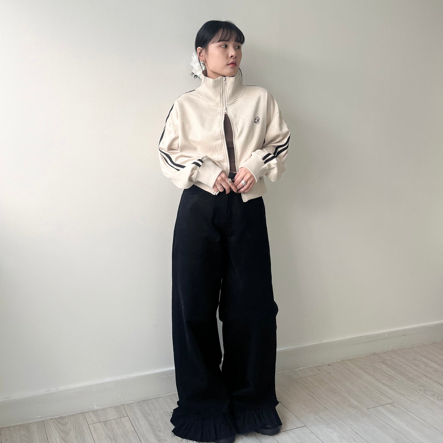 JK33- Cropped Track Jacket | Ivory | Brown | Charcoal