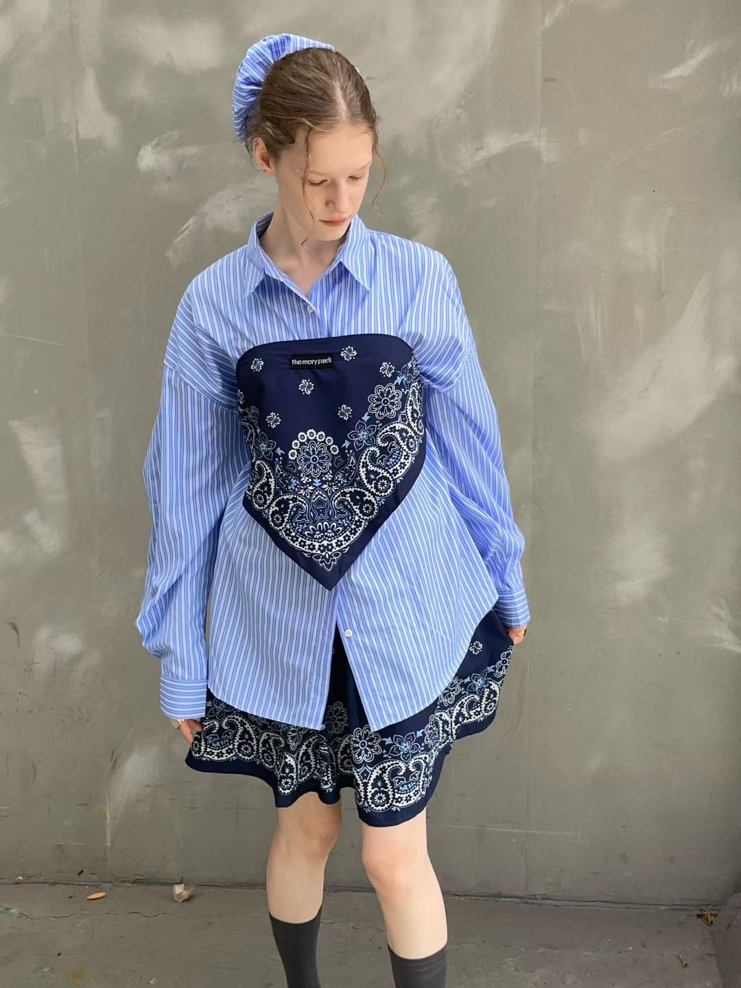 TP658 - 橡筋圈x 恤衫Set | Stripe Beige | Stripe Blue | Blue