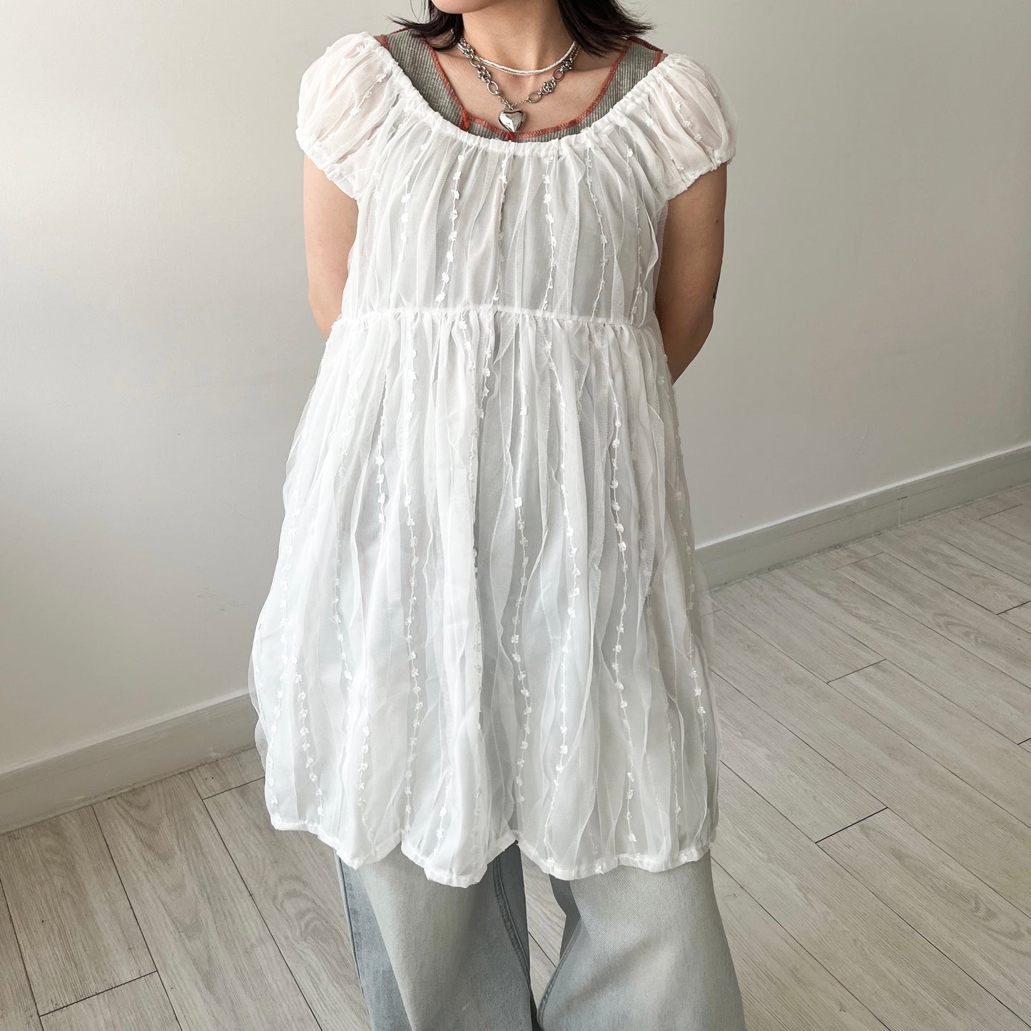 OP71- Embroidery U Neck Dress | White | Black