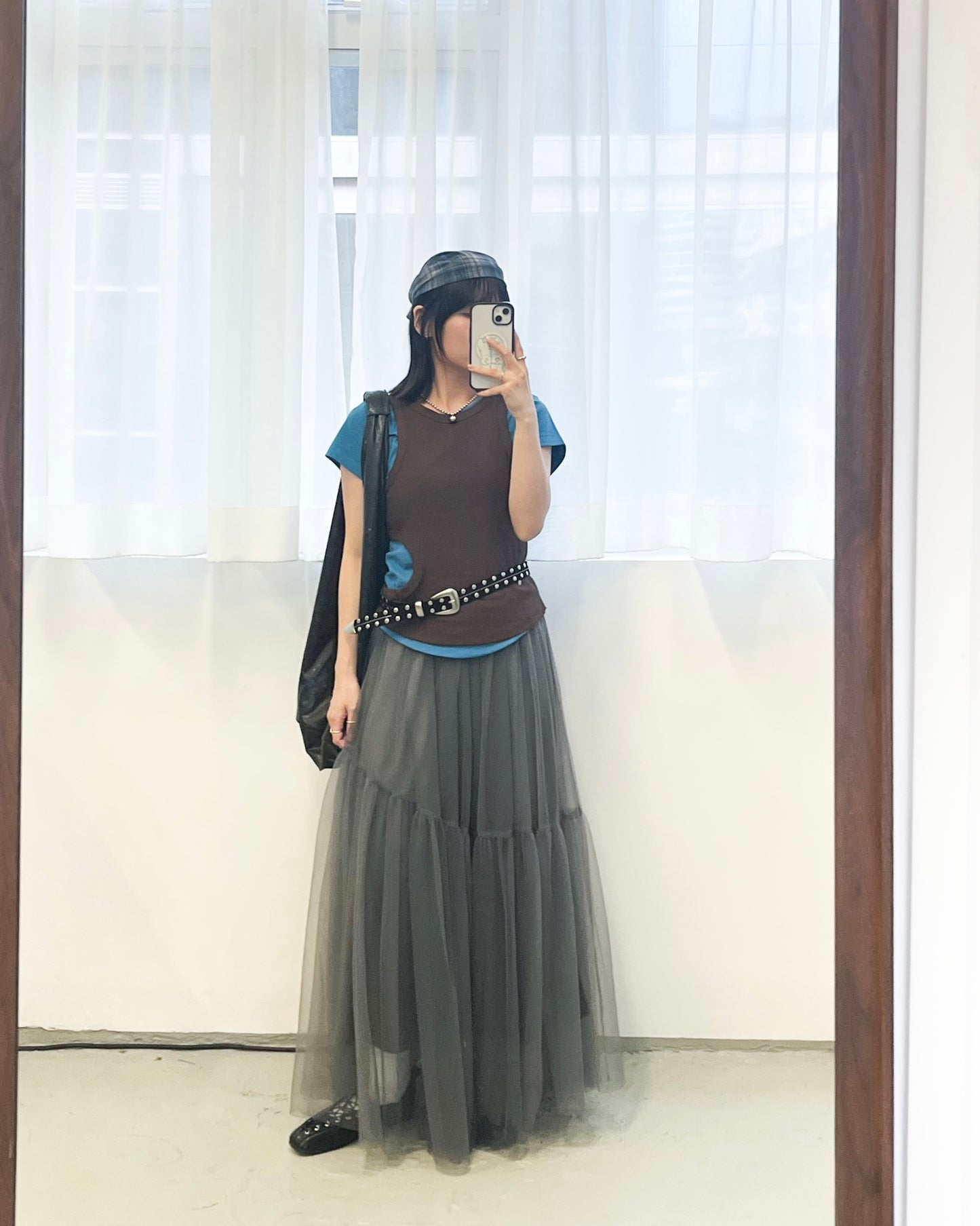 AC267- 方格網紗三角巾/頭巾 | Navy | Brown