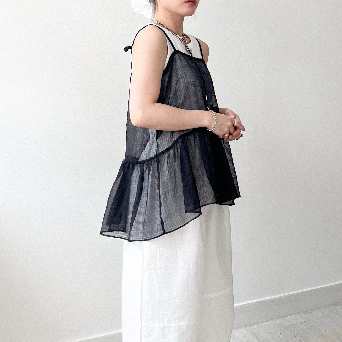 TP641- See-though Checked Vest | White | Blue | Black