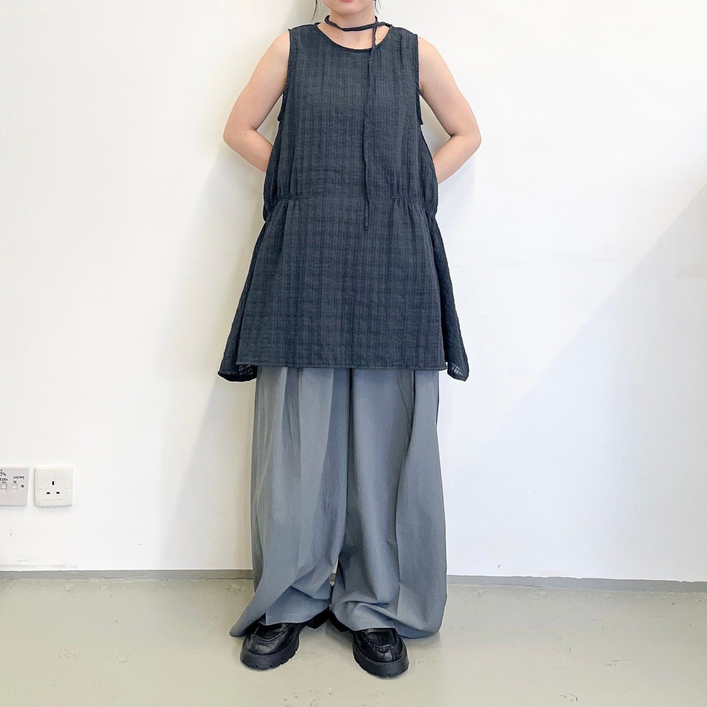 TP660- Back Ribbon Checked Vest Top | Grey | Navy