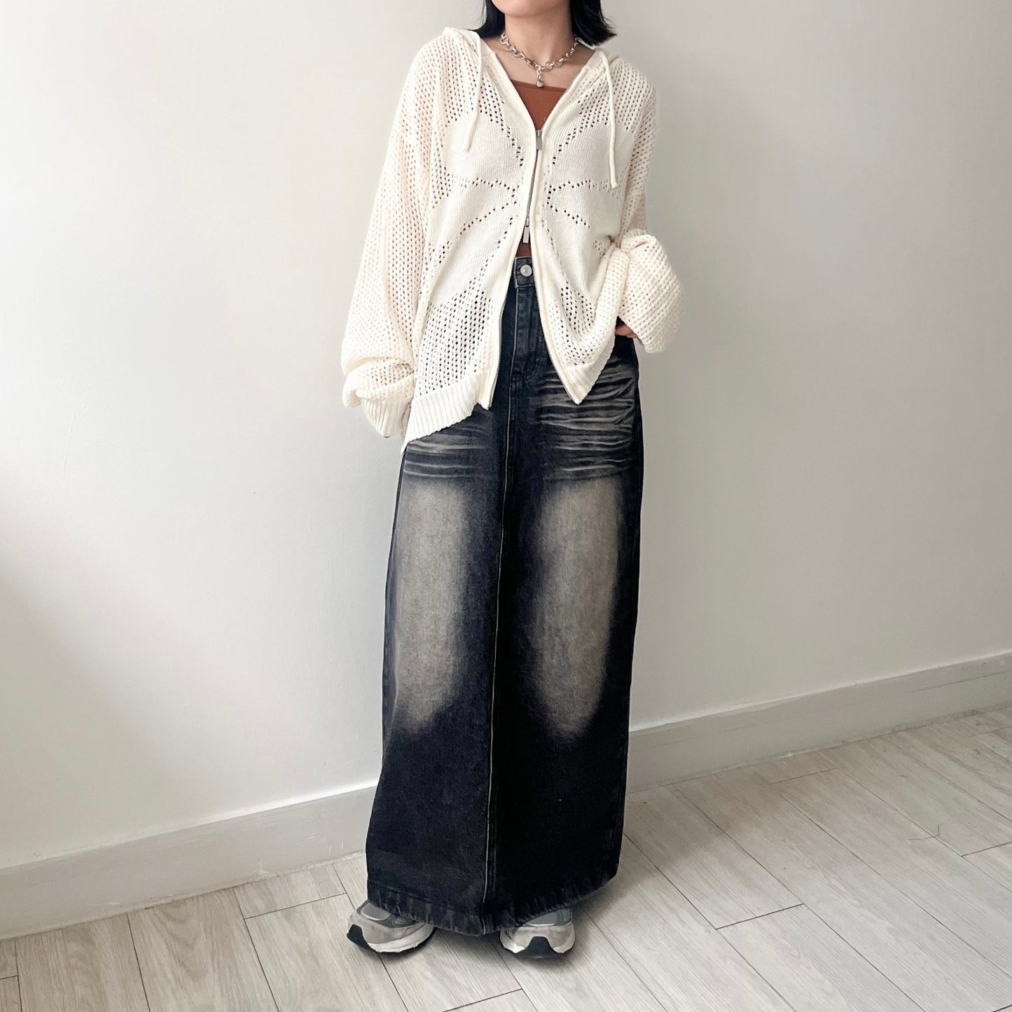 JK40- UNISEX Fafa Mesh Cardigan | Ivory | Sky Blue | Charcoal | Black