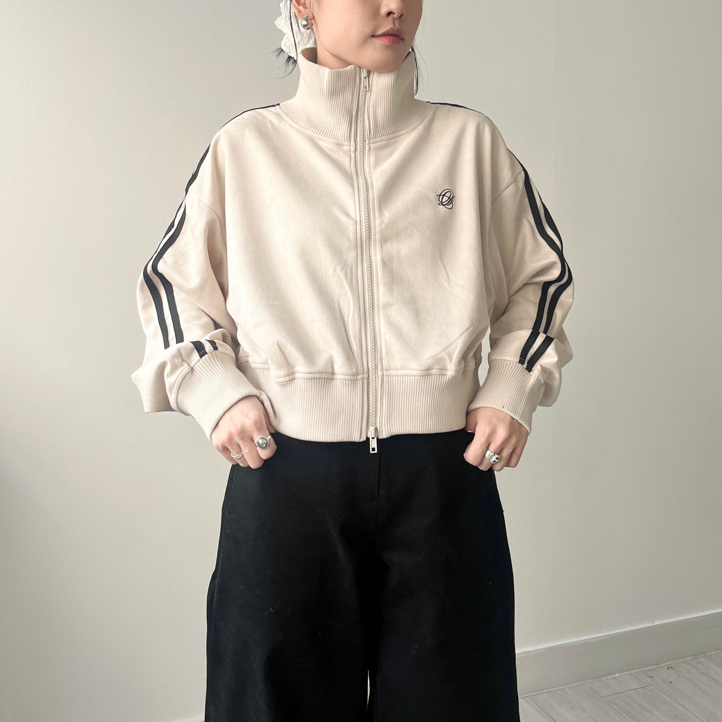 JK33- Cropped Track Jacket | Ivory | Brown | Charcoal