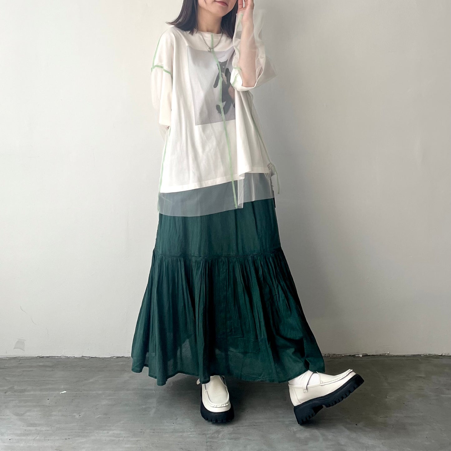 TP172- See through Long Tee | Ivory | Blue Green | Black