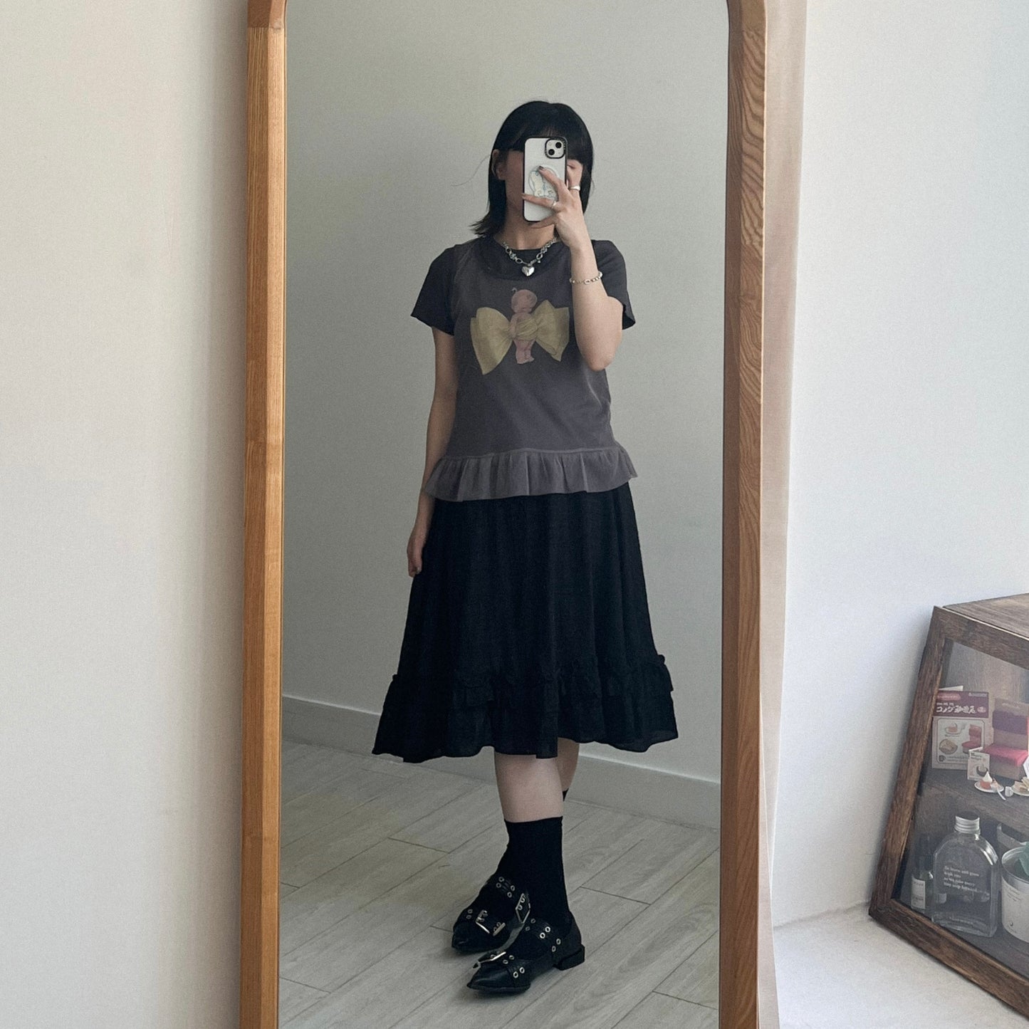 TP639- Baby Ribbon Top | White | Charcoal