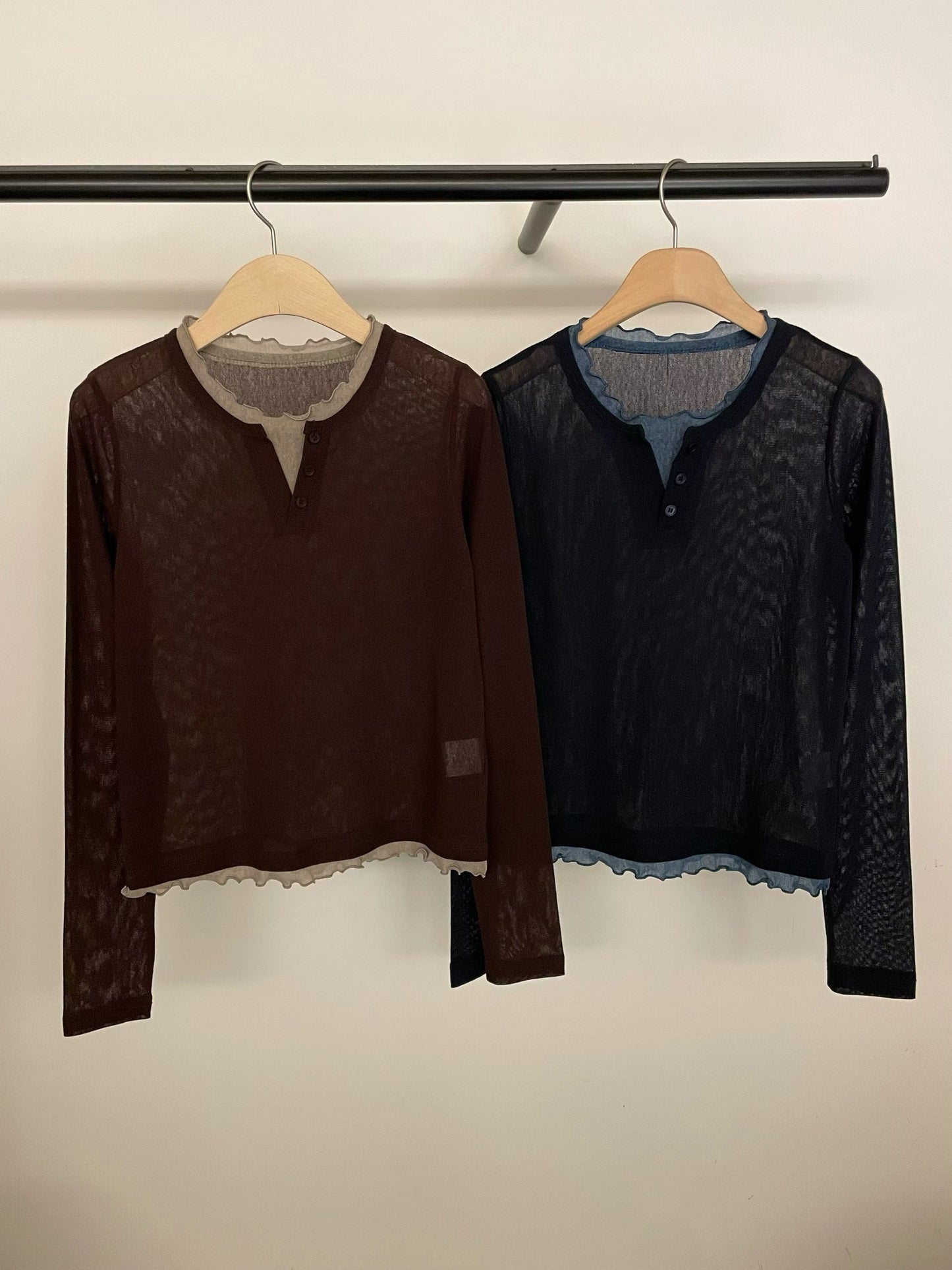 "早鳥優惠" TP665- layer Sheer Top | Brown | Navy