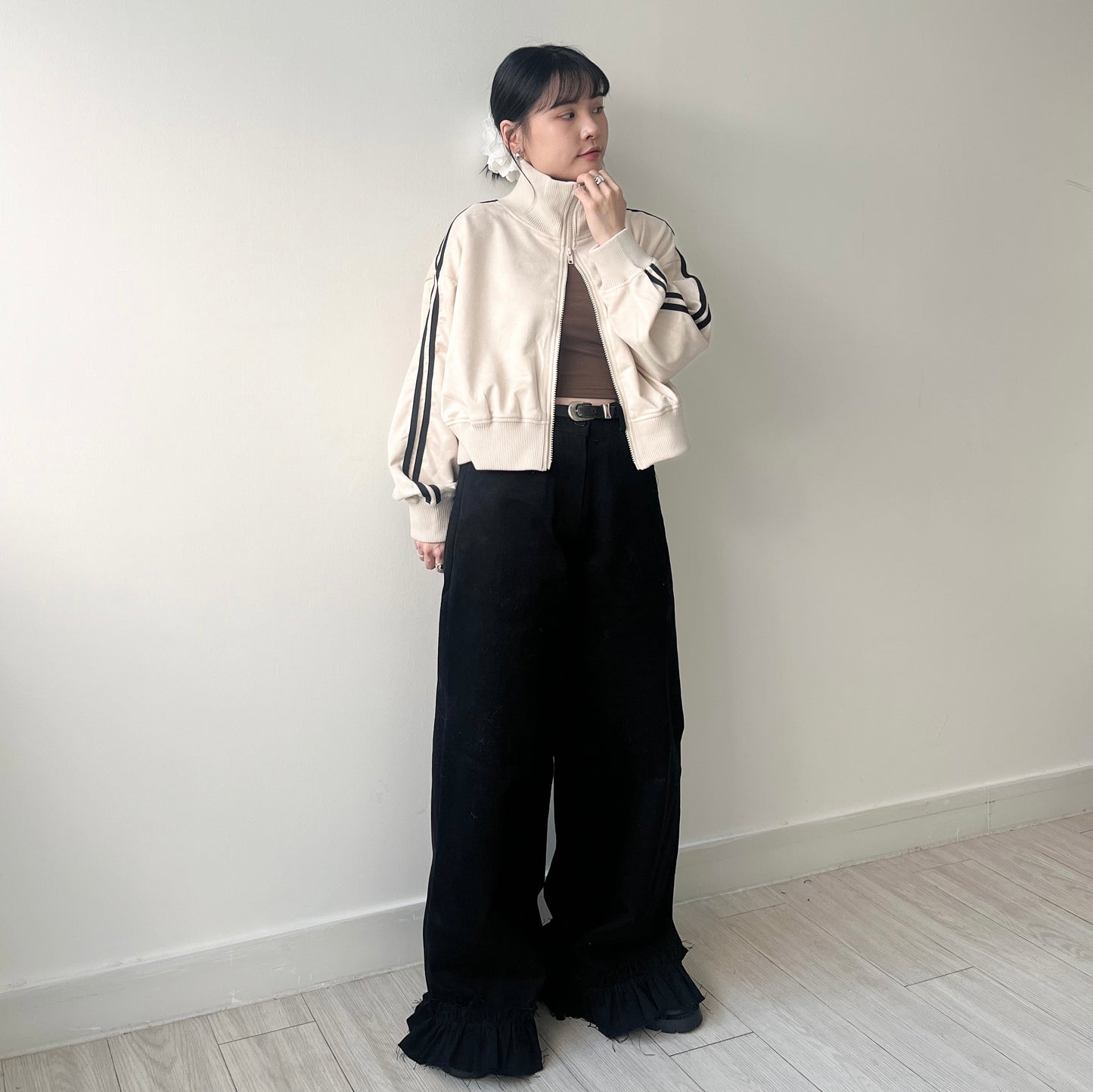JK33- Cropped Track Jacket | Ivory | Brown | Charcoal
