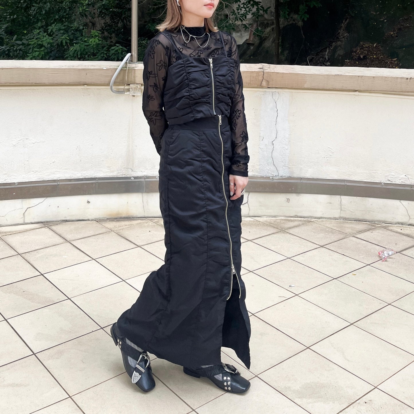 SK87- Shirring Zip line Skirt | Grey | Black