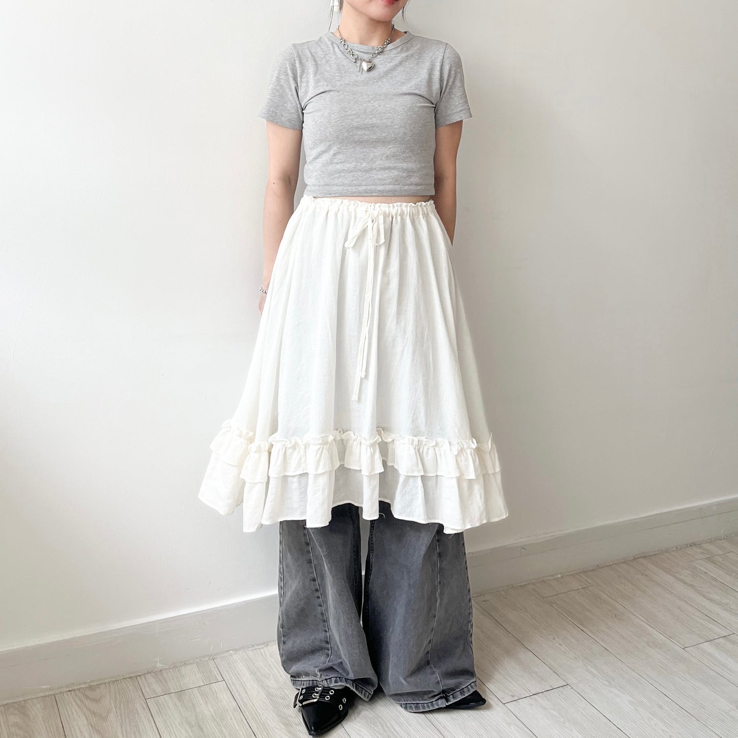 SK125- Checked Ruffle Skirt | Natual | Black