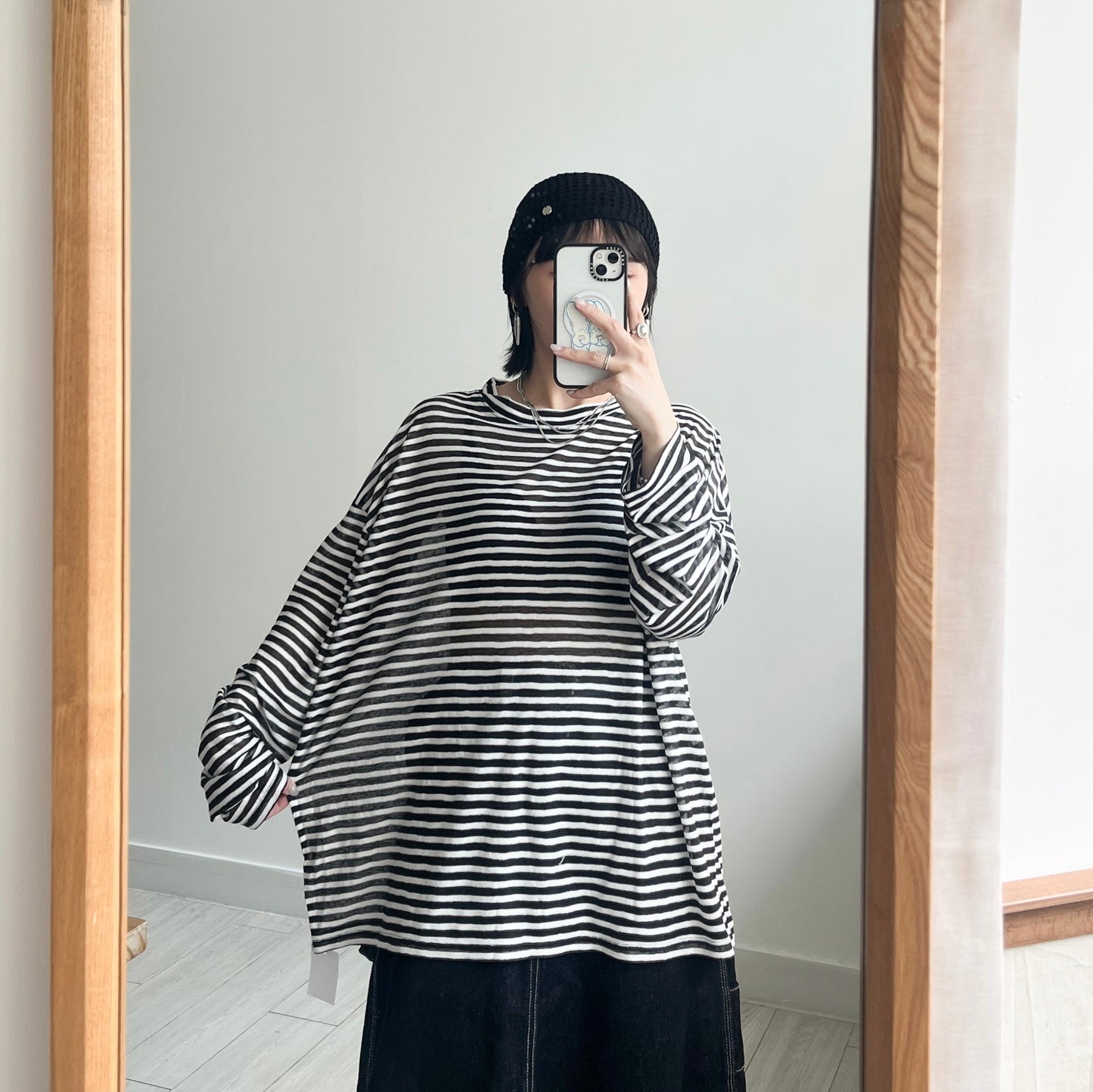 TP460- Stripe Sheer Knit Pullover | Navy | Black