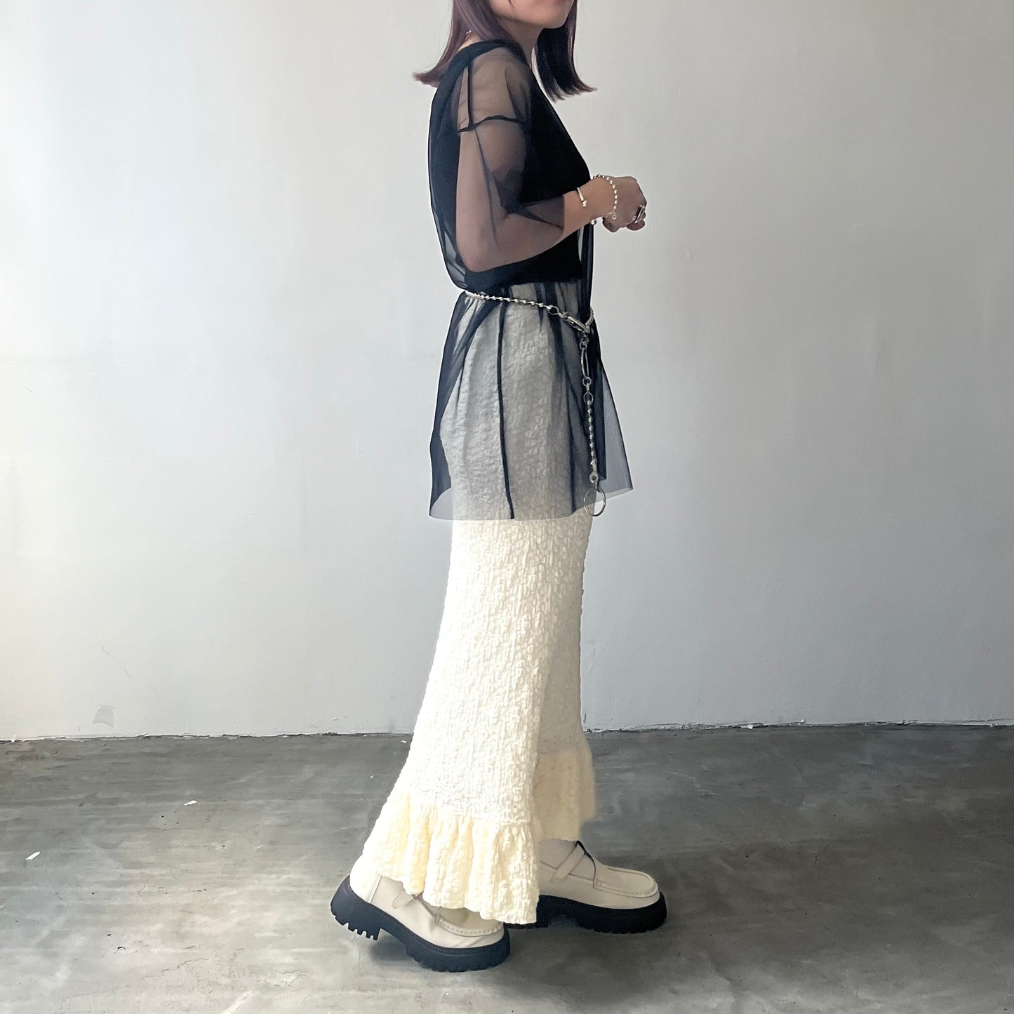 SK35- Flower Print Skirt | Ivory | Black