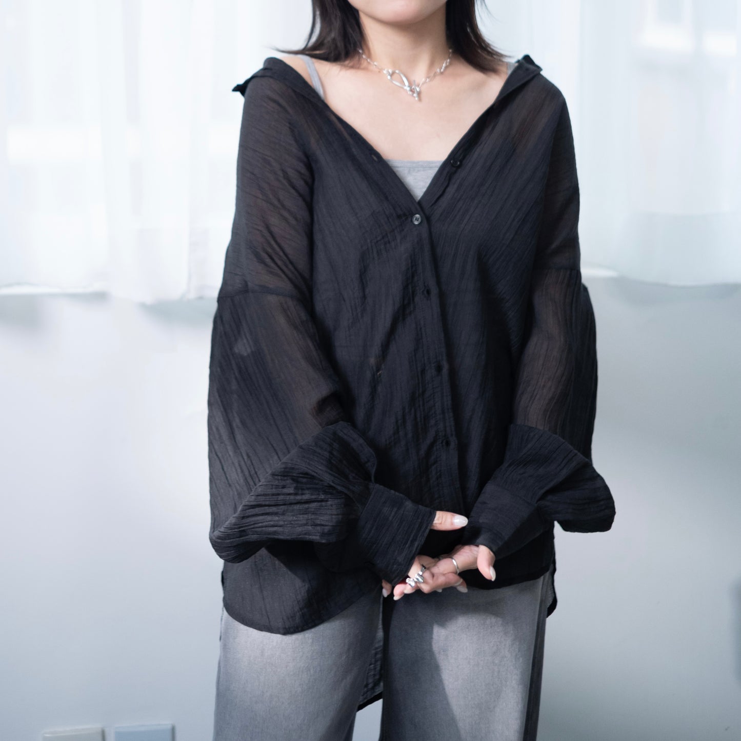 TP666- Crinkle Puff Sleeve Sheer | White | Brown | Black