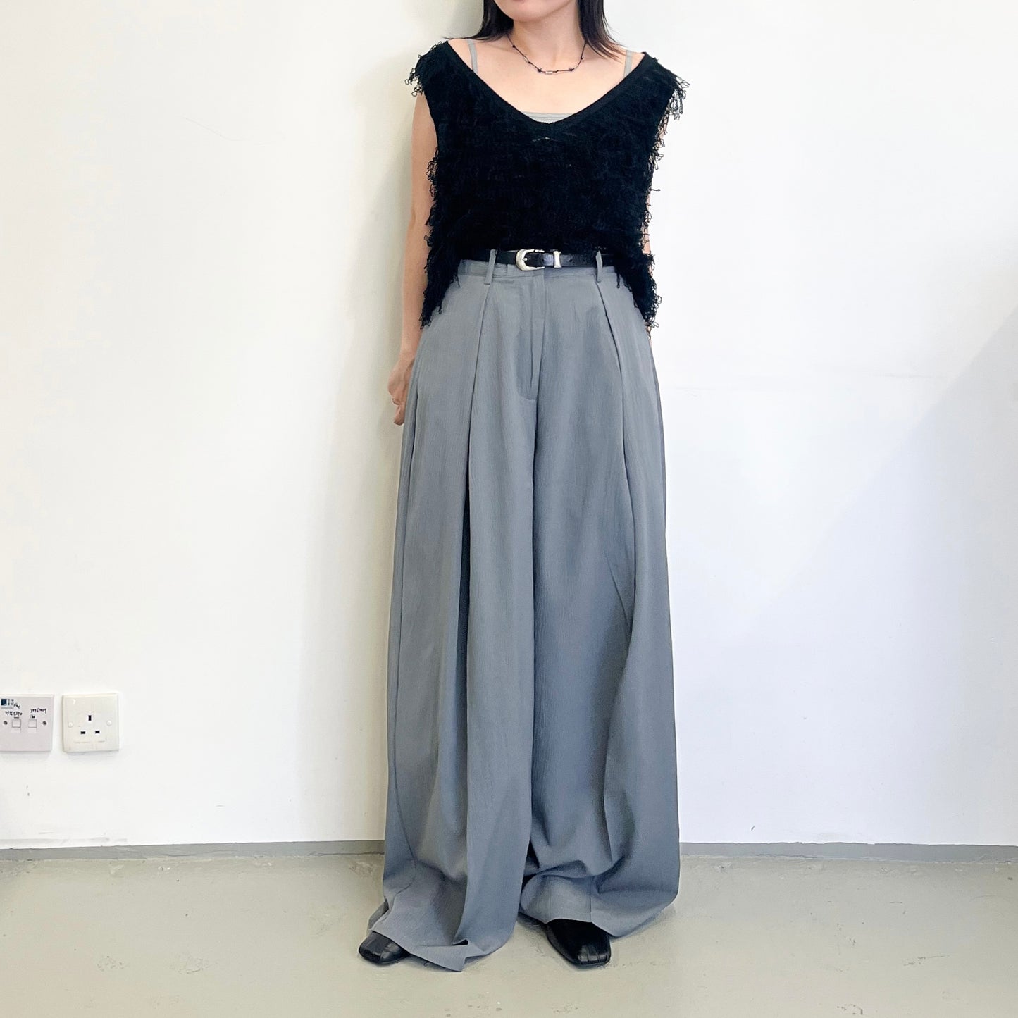 PT97- Long Pleated Wide Pants | Grey