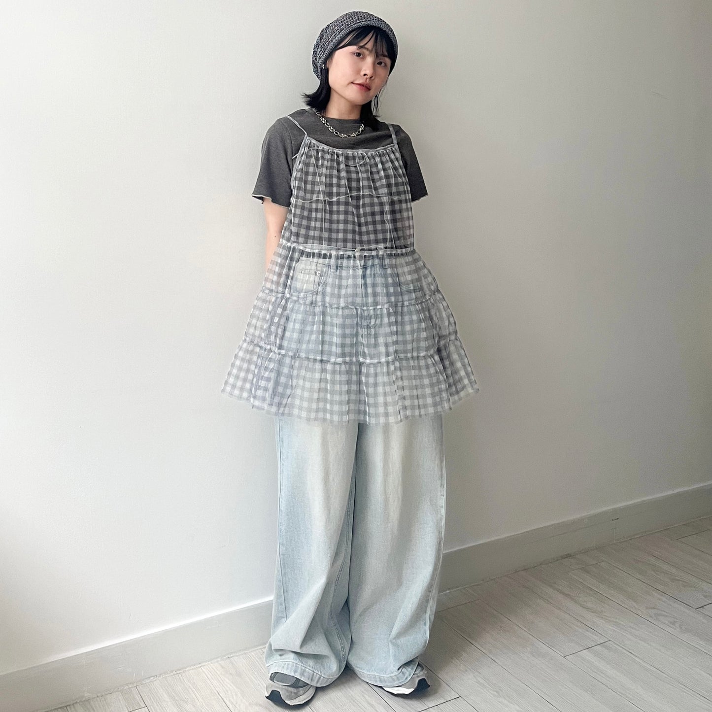 TP496- See-through Checked Top | Blue| Grey