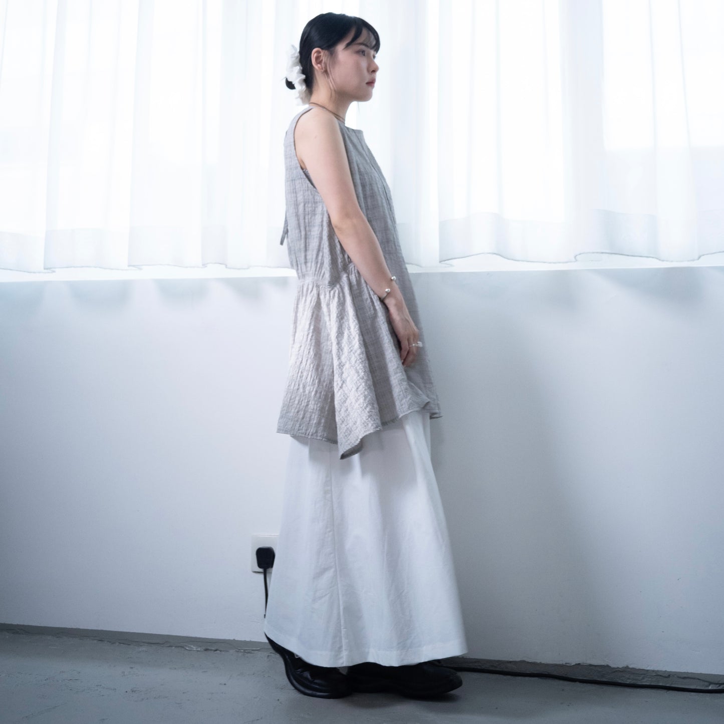 TP660- Back Ribbon Checked Vest Top | Grey | Navy