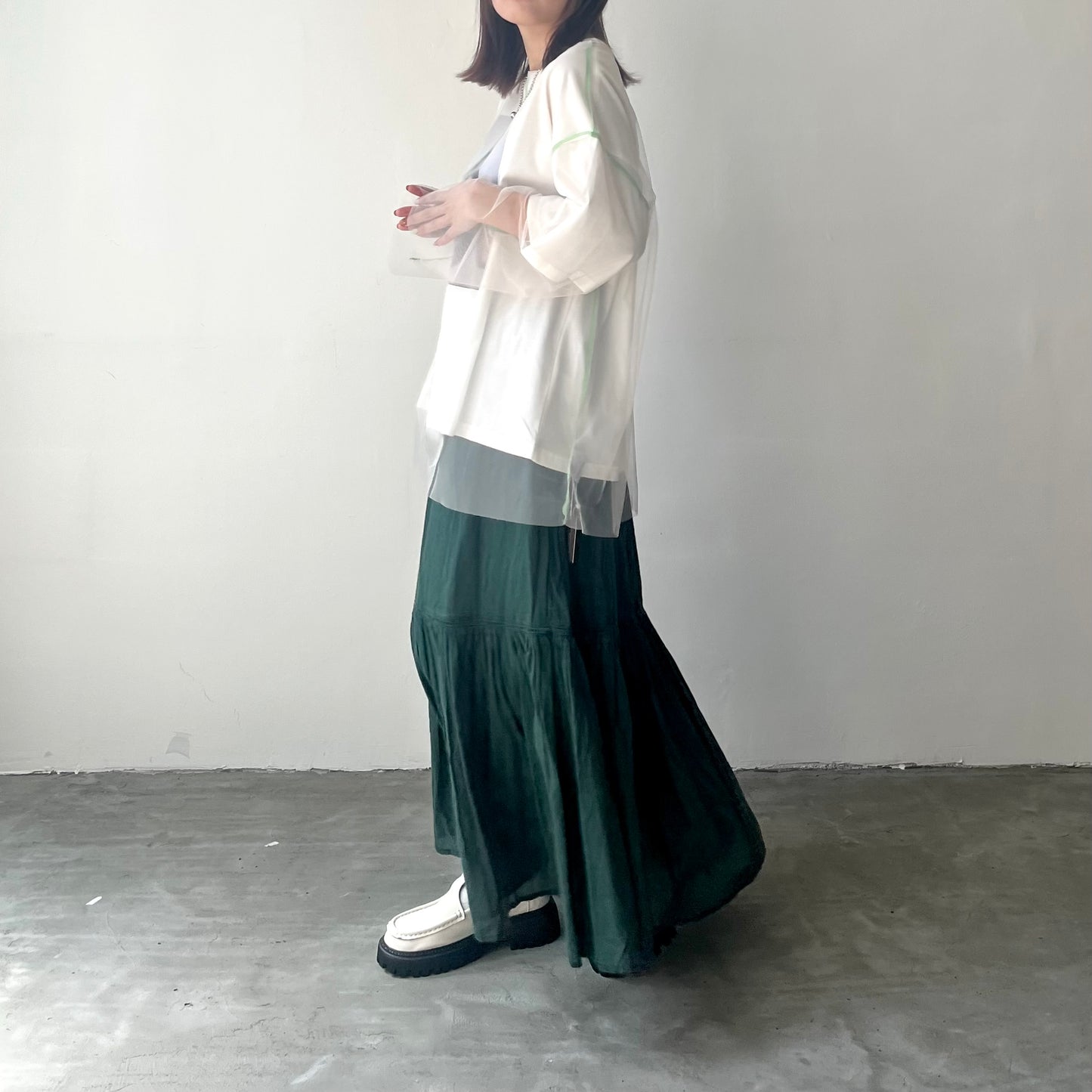 TP172- See through Long Tee | Ivory | Blue Green | Black