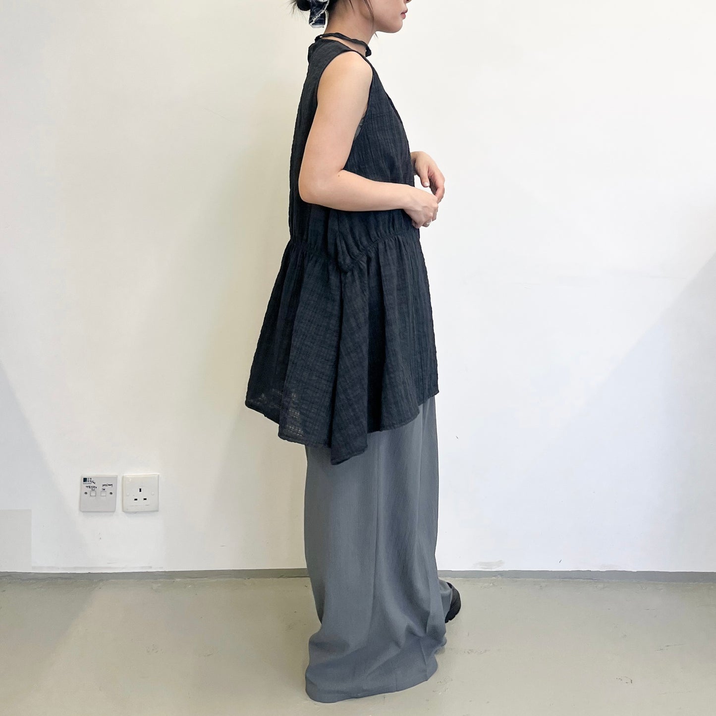 TP660- Back Ribbon Checked Vest Top | Grey | Navy