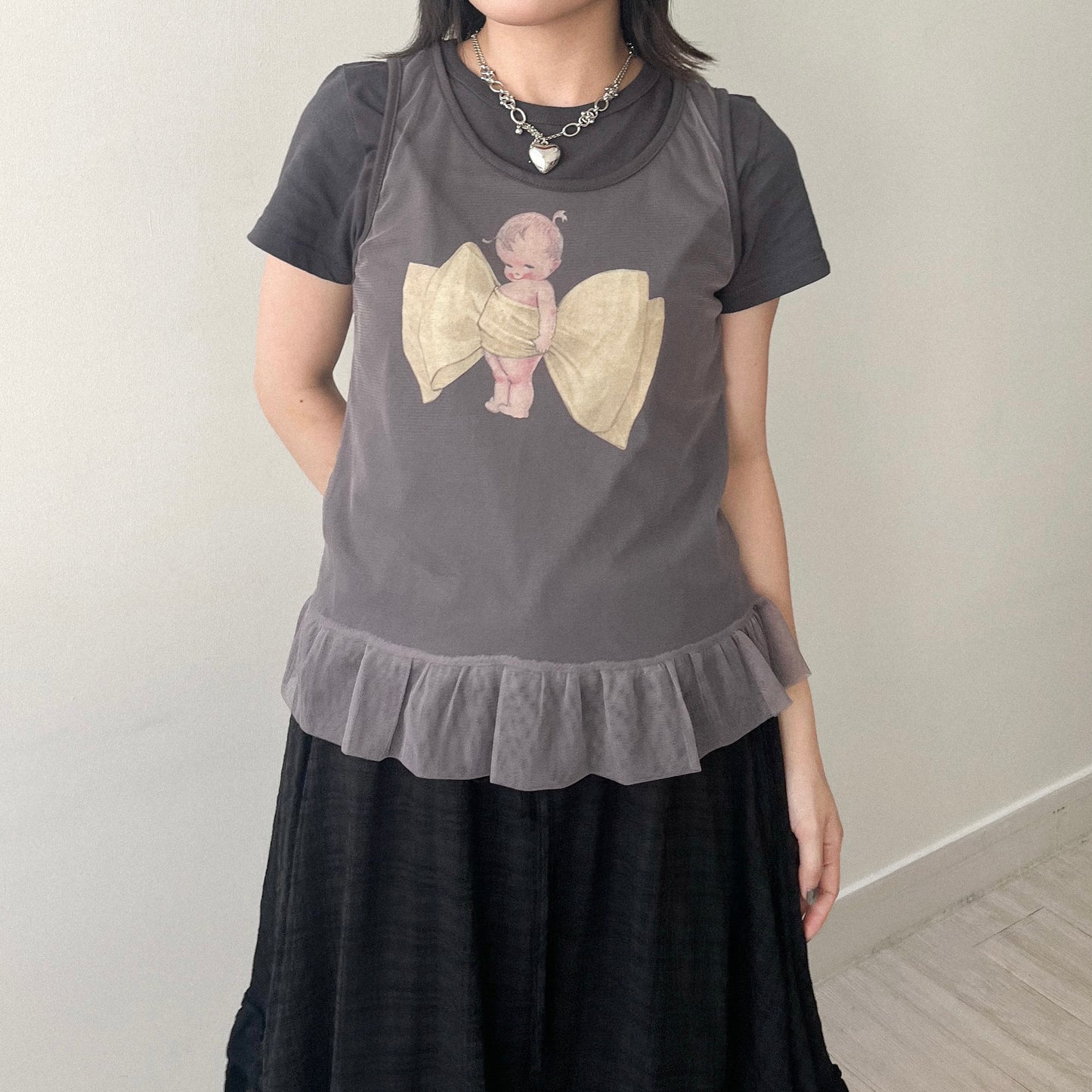 TP639- Baby Ribbon Top | White | Charcoal