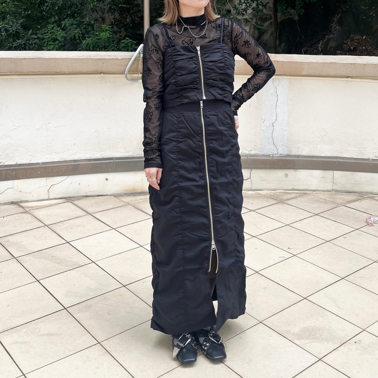 SK87- Shirring Zip line Skirt | Grey | Black