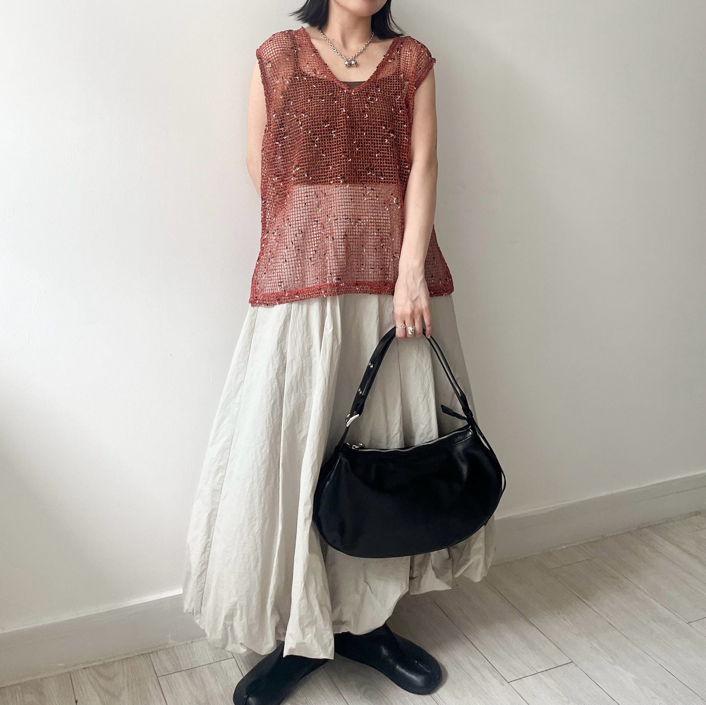 BG41- 2Way Shoulder Bag ( Vegan Leather ) | Ivory | Black